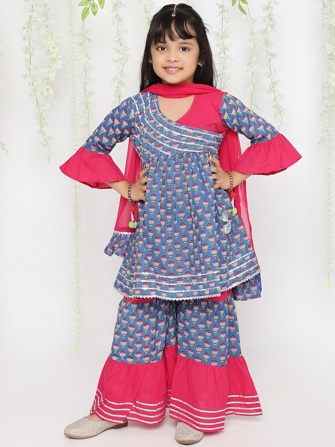 

KID1 Girls Ethnic Motifs Printed Gotta Patti Pure Cotton Kurti with Sharara & Dupatta, Blue