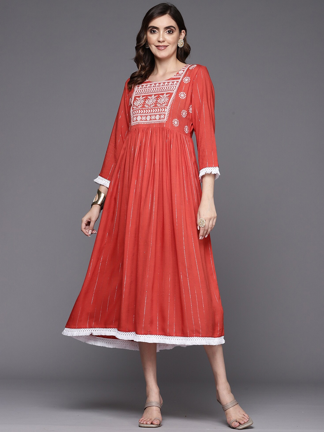

Indo Era Red Ethnic Motifs Embroidered Ethnic Dress, Rust