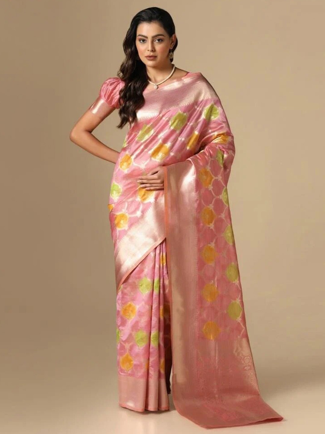 

DIVASTRI Ethnic Motifs Woven Design Zari Organza Banarasi Saree, Pink