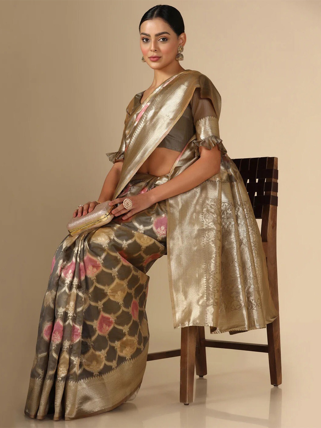 

DIVASTRI Ethnic Motifs Woven Design Zari Organza Banarasi Saree, Grey