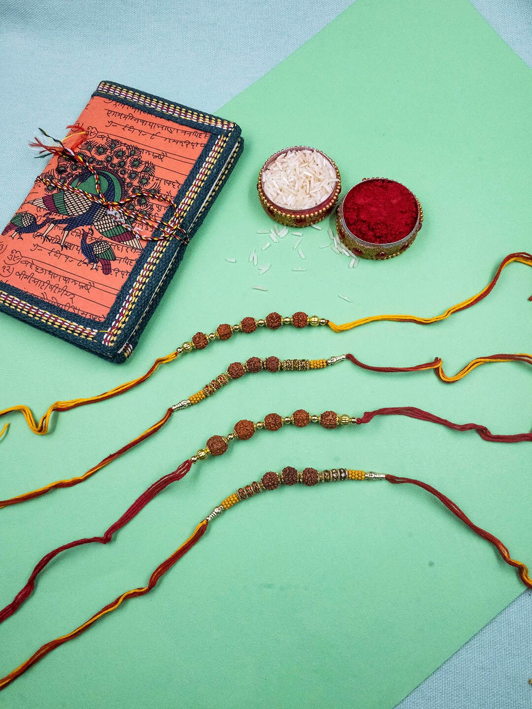 

StileAdda Set Of 4 Beaded Rakhis With Roli Chawal, Gold