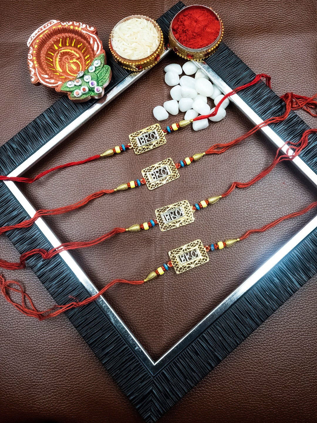 

StileAdda Set Of 4 Pearl Beaded Bro Charm Rakhi, Gold