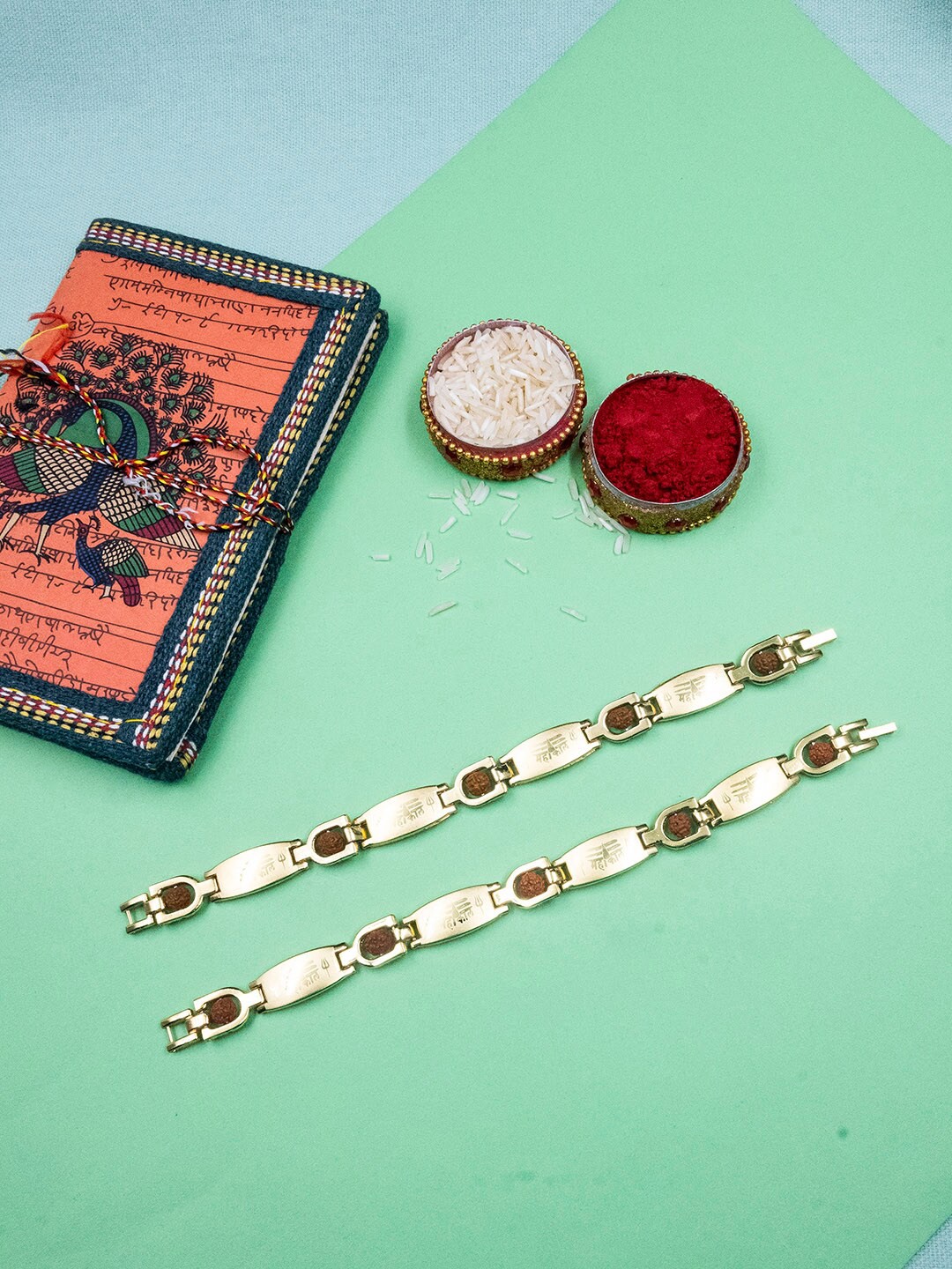 

StileAdda Set Of 2 Bhai-Bhai Rakhi With Roli Chawal & Greeting Card, Gold
