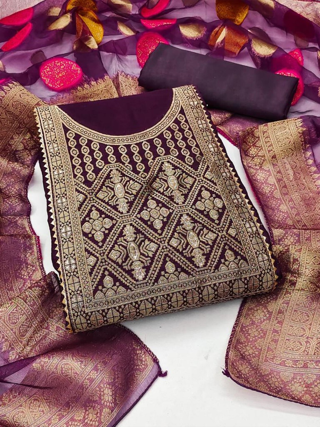 

KALINI Embellished Zari Detailed Art Silk Unstitched Dress Material, Purple