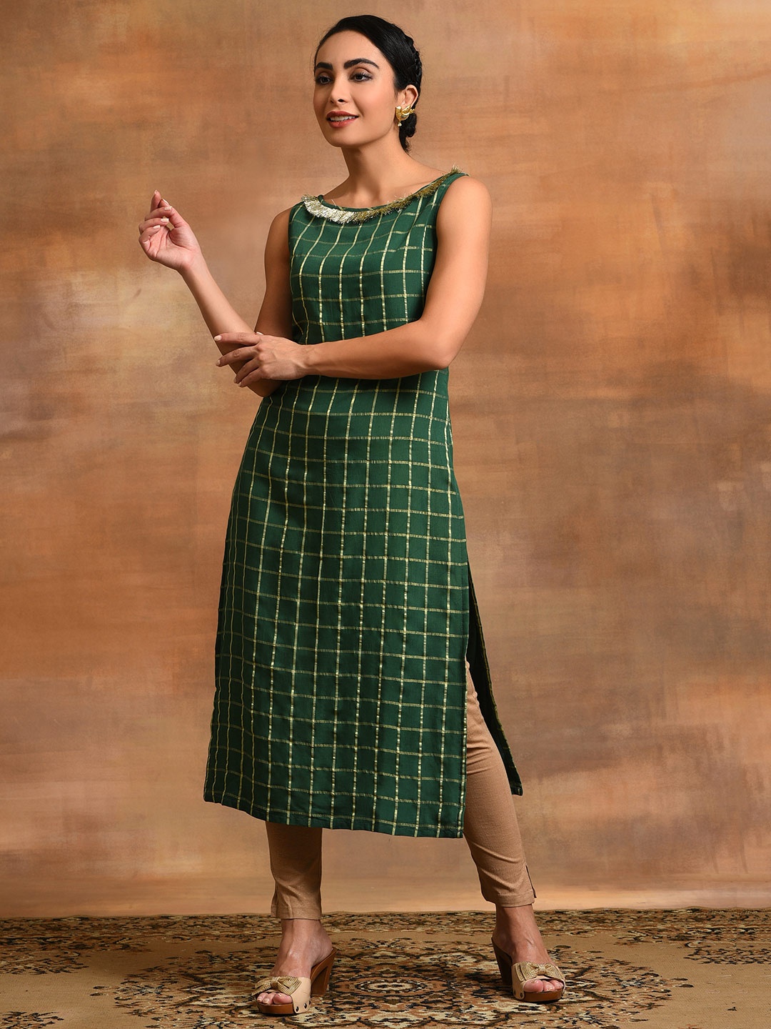 

AKS Couture Checked Woven Design Chanderi Silk Kurta, Green