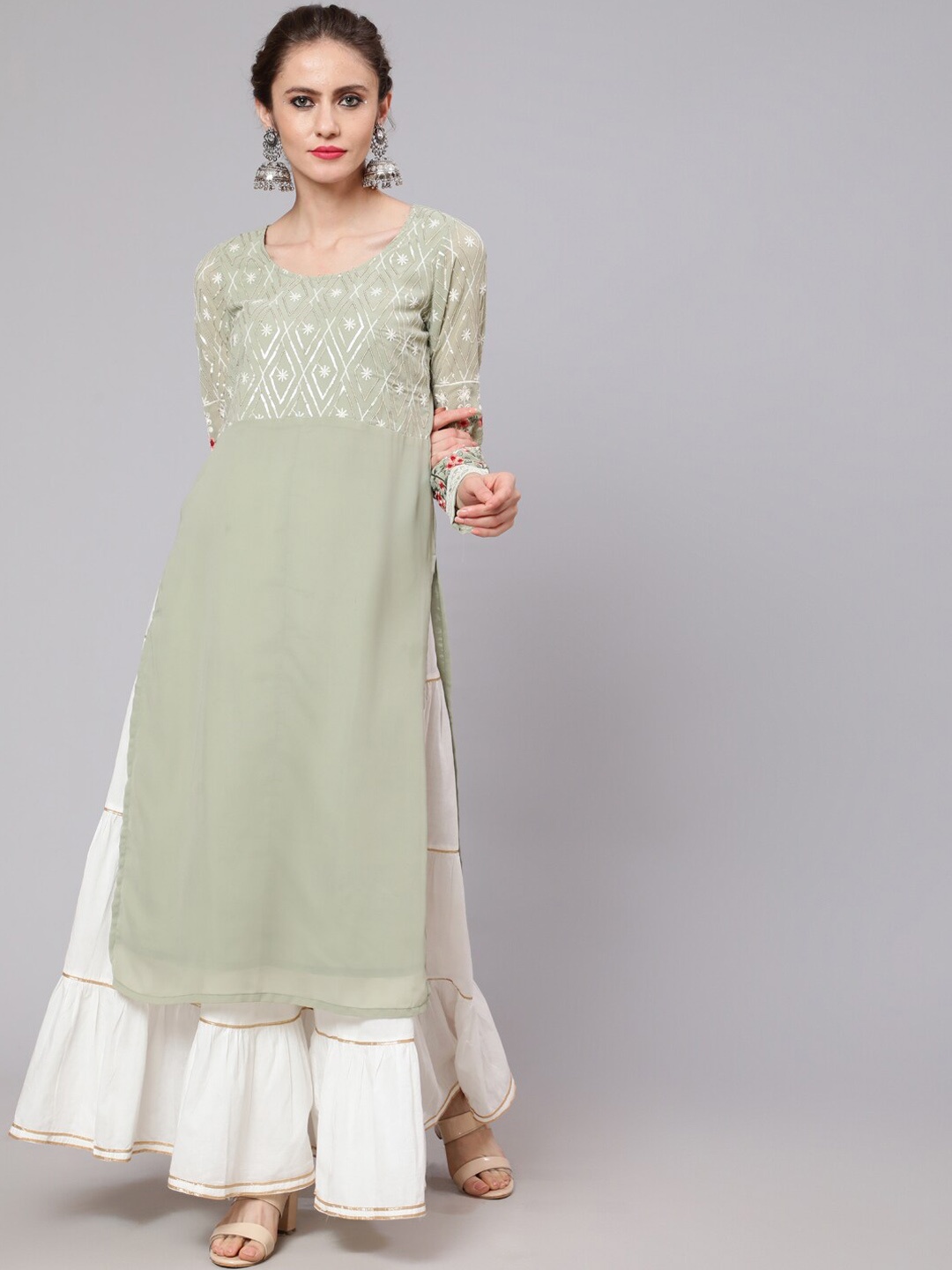 

AKS Couture Floral Embroidered Gotta Patti Georgette Kurta, Green