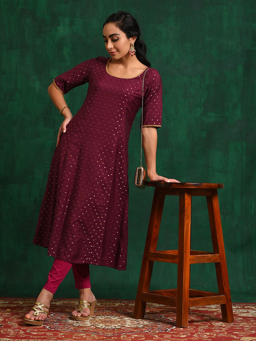 

AKS Couture Ethnic Motifs Woven Design Dobby Chanderi Silk A-Line Kurta, Burgundy