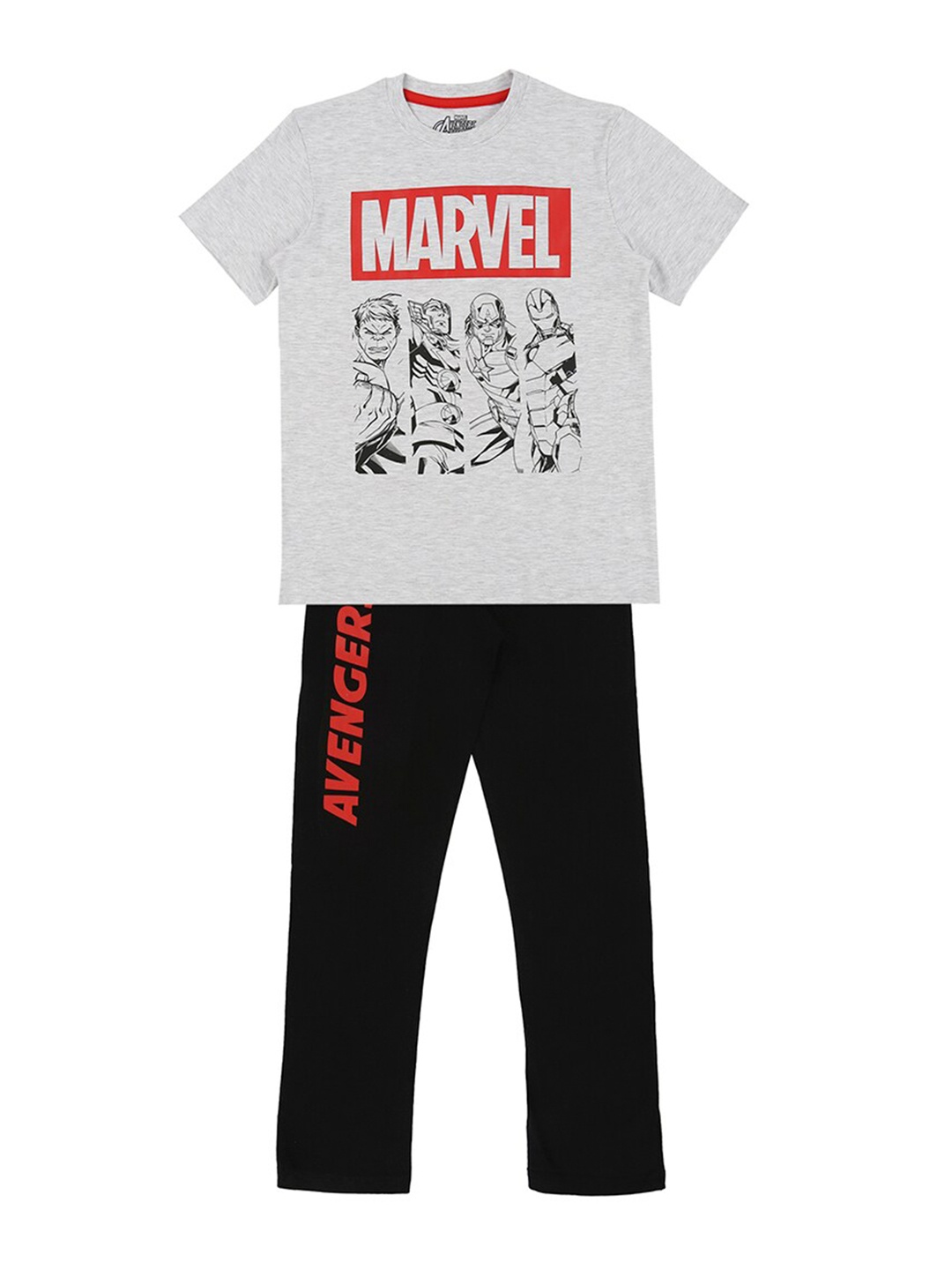 

Pantaloons Junior Boys Avengers Printed Short Sleeves Pure Cotton T-shirt With Trousers, Grey melange