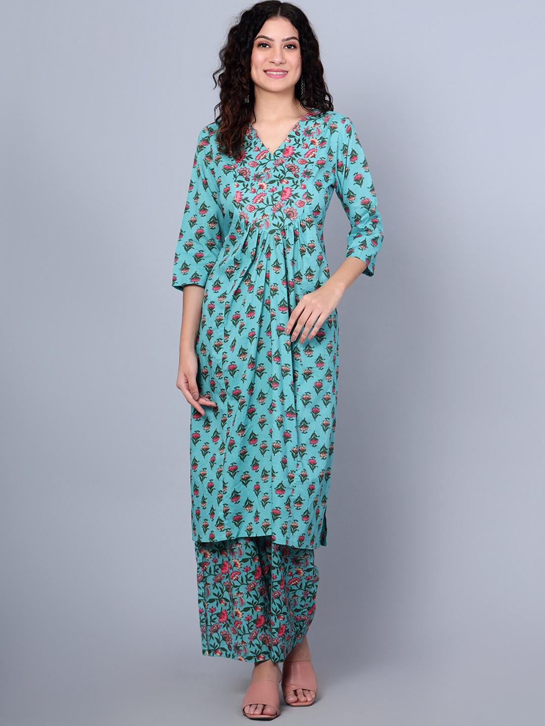 

Idalia Floral Printed A-Line Pure Cotton Kurta with Palazzos, Teal