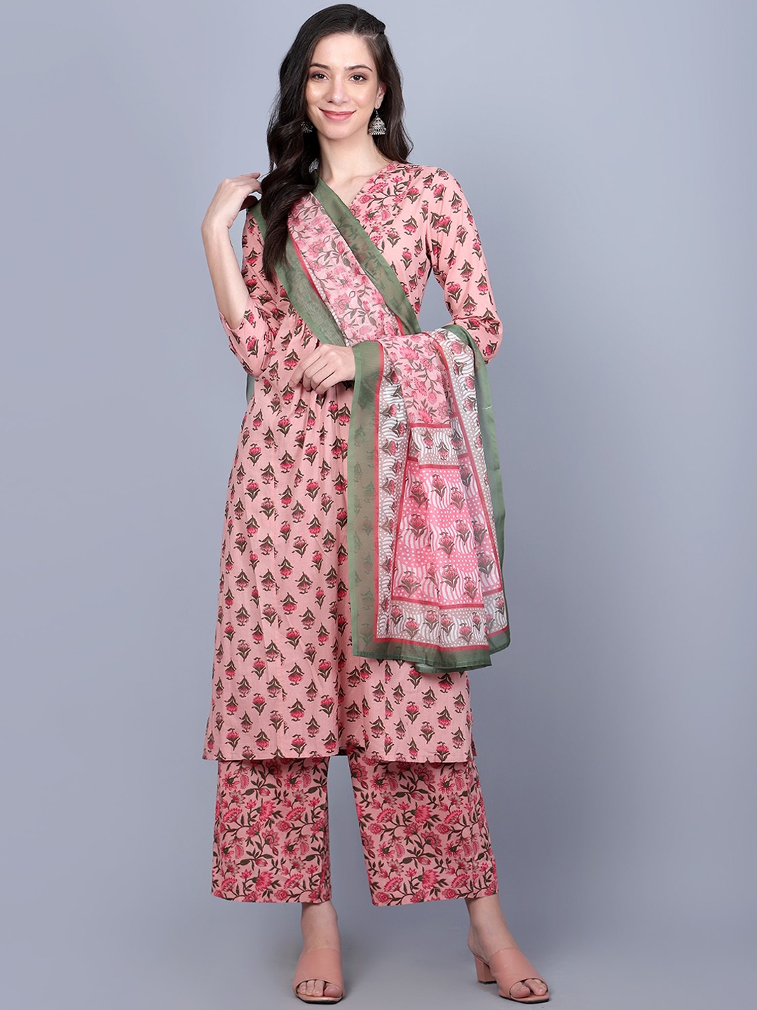 

Idalia Floral Printed Pure Cotton Kurta & Palazzos With Dupatta, Coral