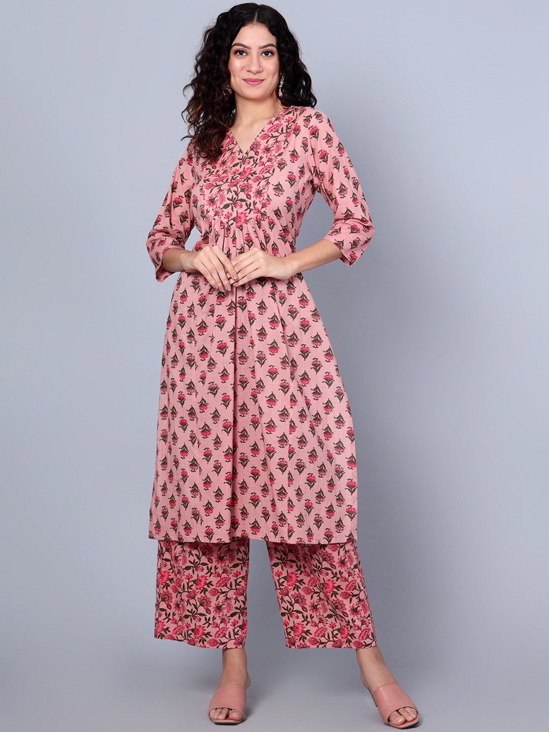 

Idalia Floral Printed A-Line Pure Cotton Kurta with Palazzos, Pink