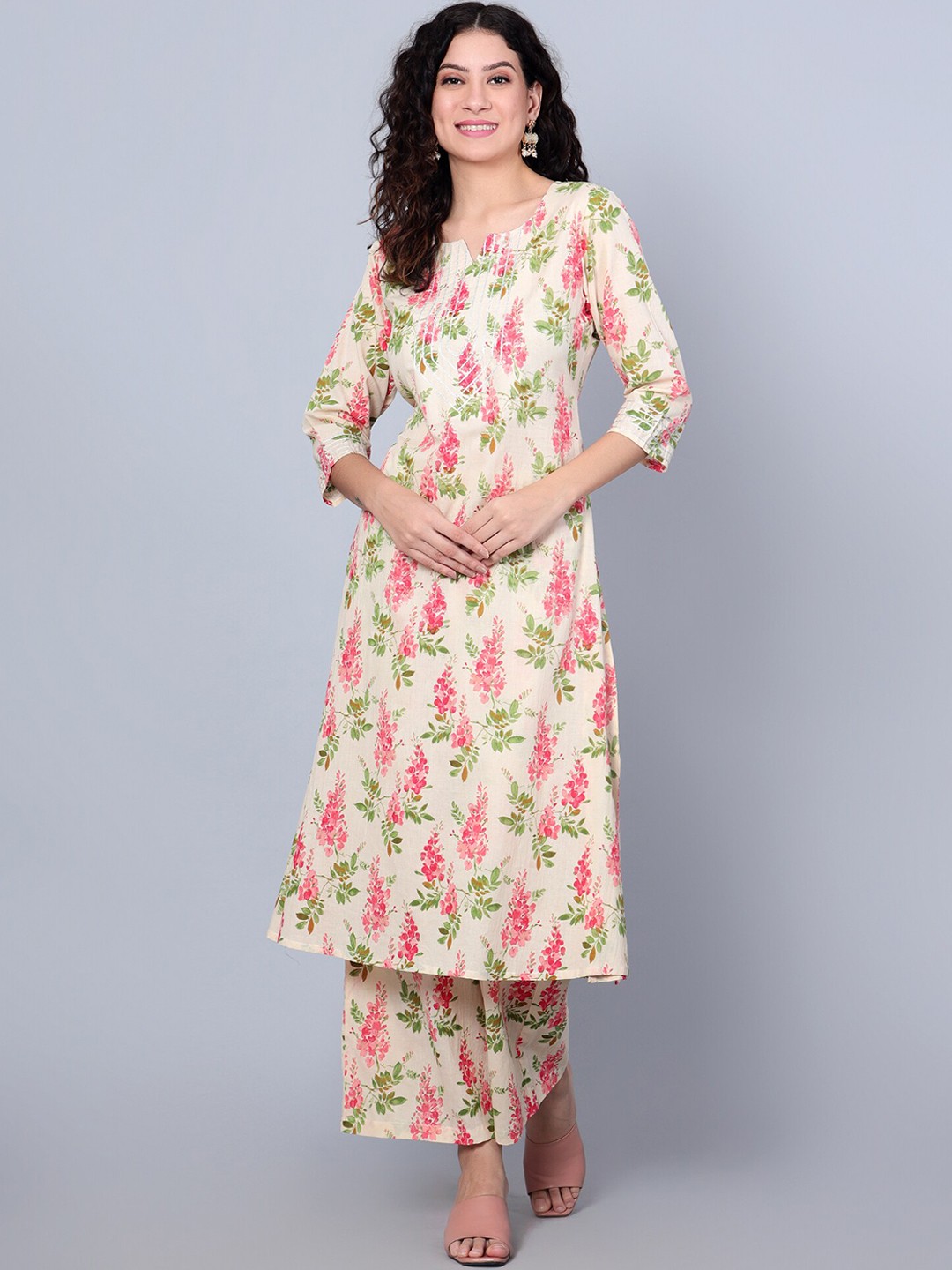

Idalia Floral Printed Gotta Patti Pure Cotton Kurta with Palazzos, Cream