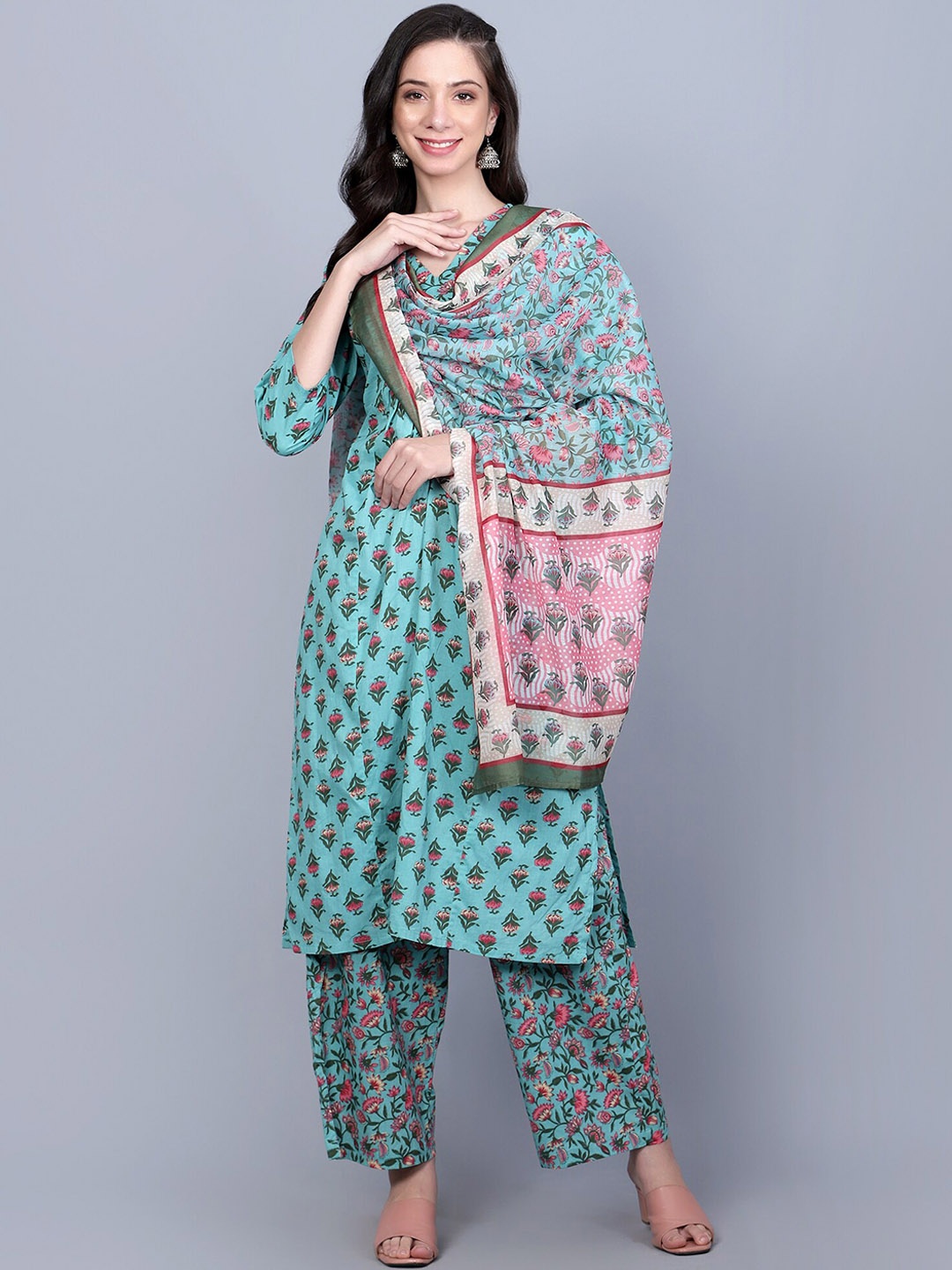 

Idalia Floral Printed A-Line Pure Cotton Kurta with Palazzos & Dupatta, Teal