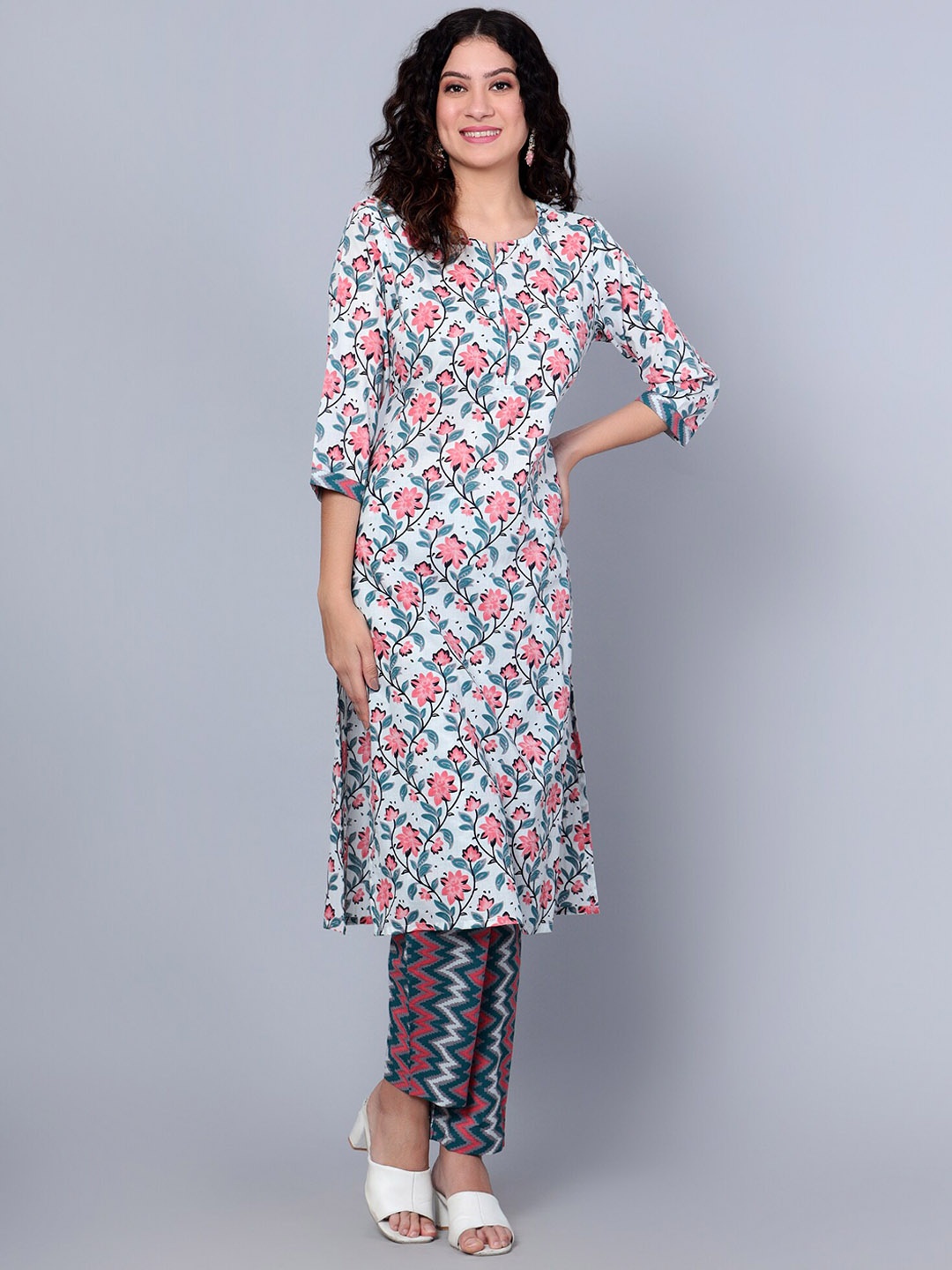 

Idalia Floral Printed Pure Cotton Kurta with Trousers, White