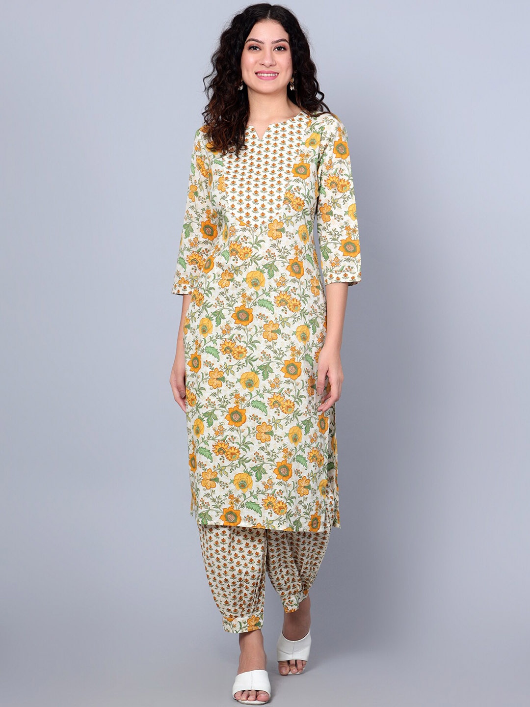 

Idalia Floral Printed Pure Cotton Kurta with Harem Pants, Mustard