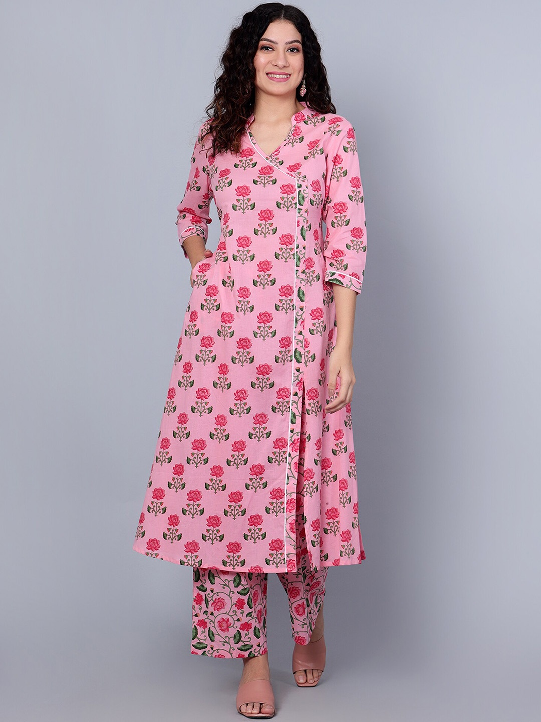 

Idalia Floral Printed Mandarin Collar Pure Cotton A-Line Kurta With Palazzos, Pink