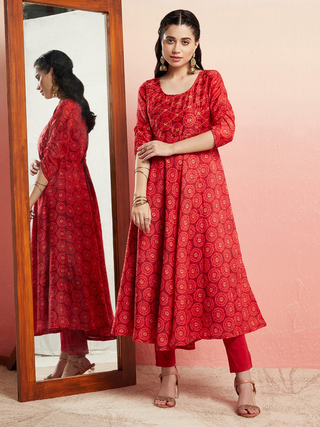

AKS Ethnic Motifs Printed Sequined Detailed Chanderi Silk Anarkali Kurta, Red