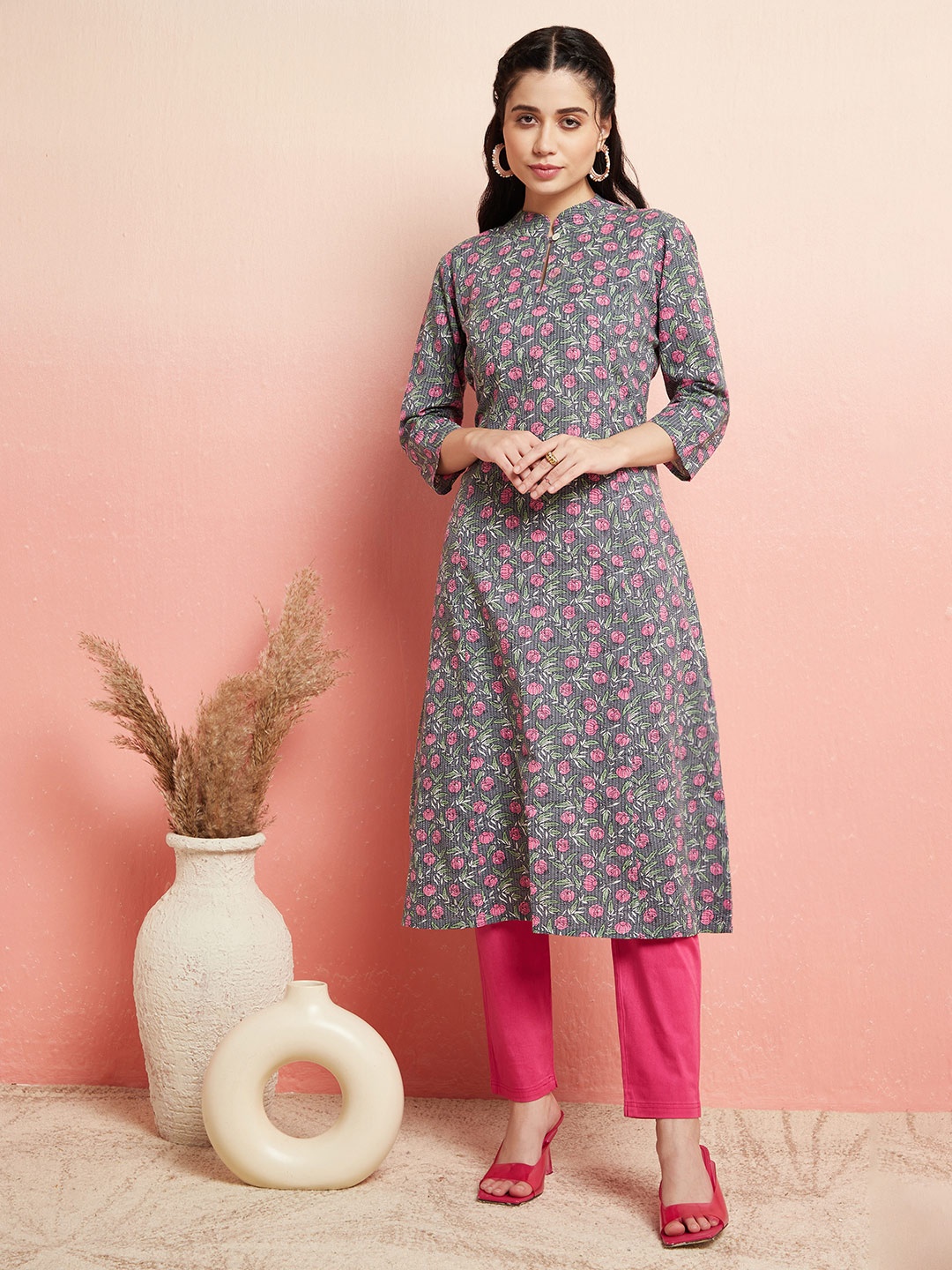 

AKS Floral Printed Mandarin Collar Cotton Anarkali Kurta, Grey