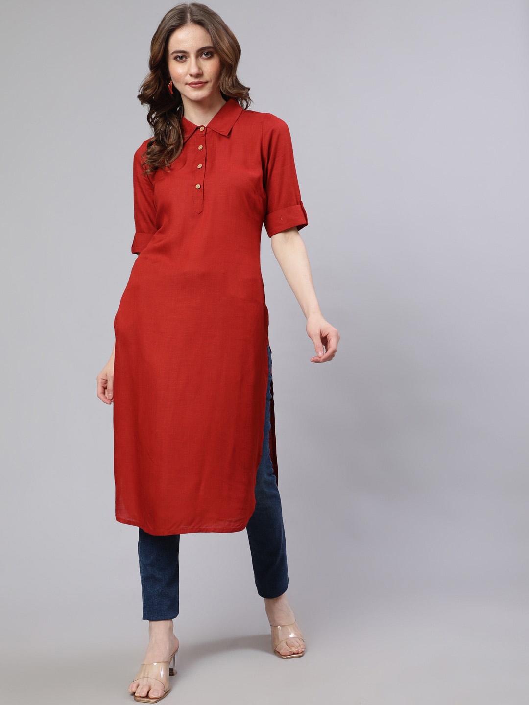 

AKS Shirt Collar Roll-Up Sleeves Regular Kurta, Red
