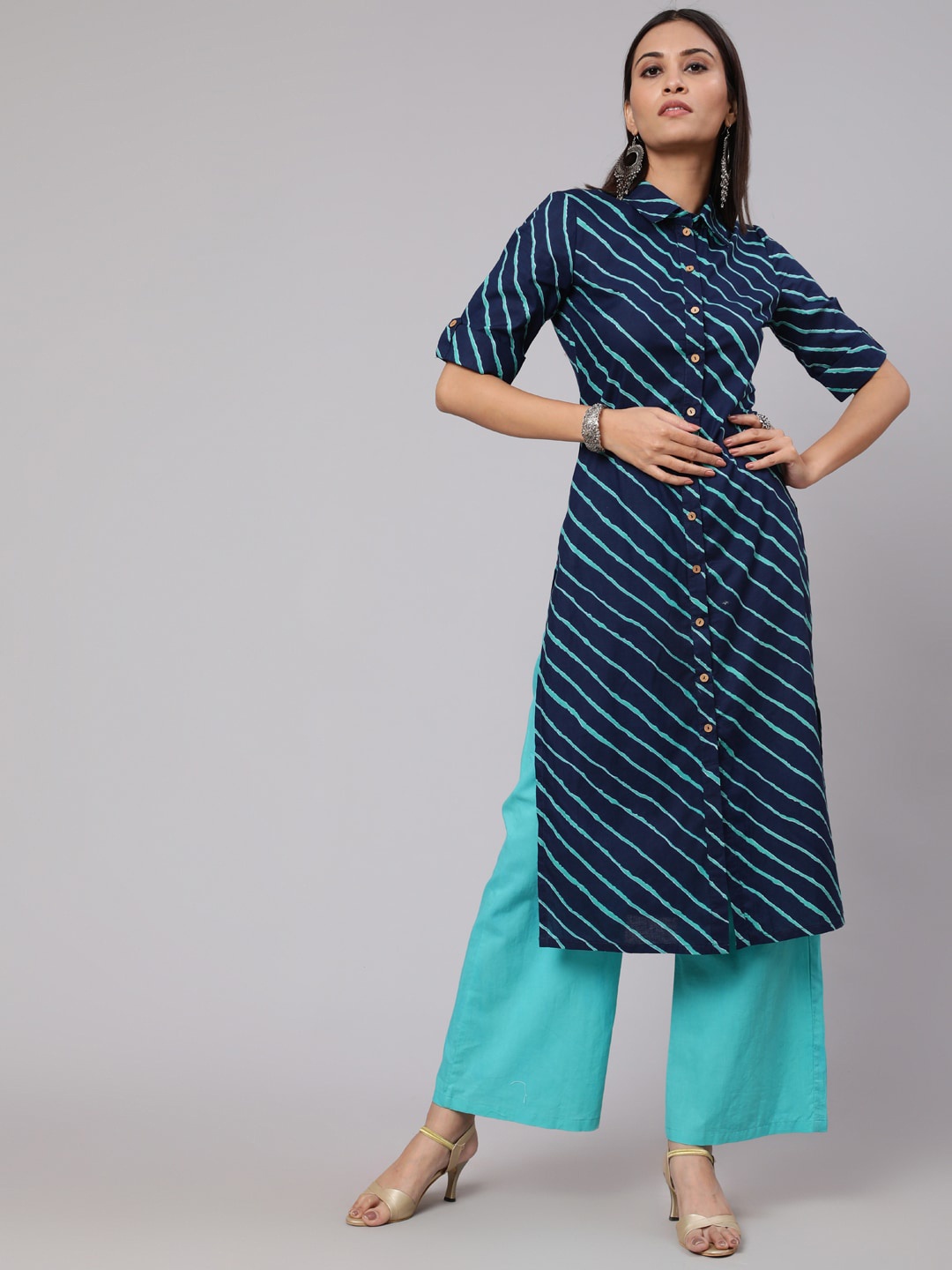 

AKS Leheriya Printed Roll-Up Sleeves Cotton Straight Kurta, Blue