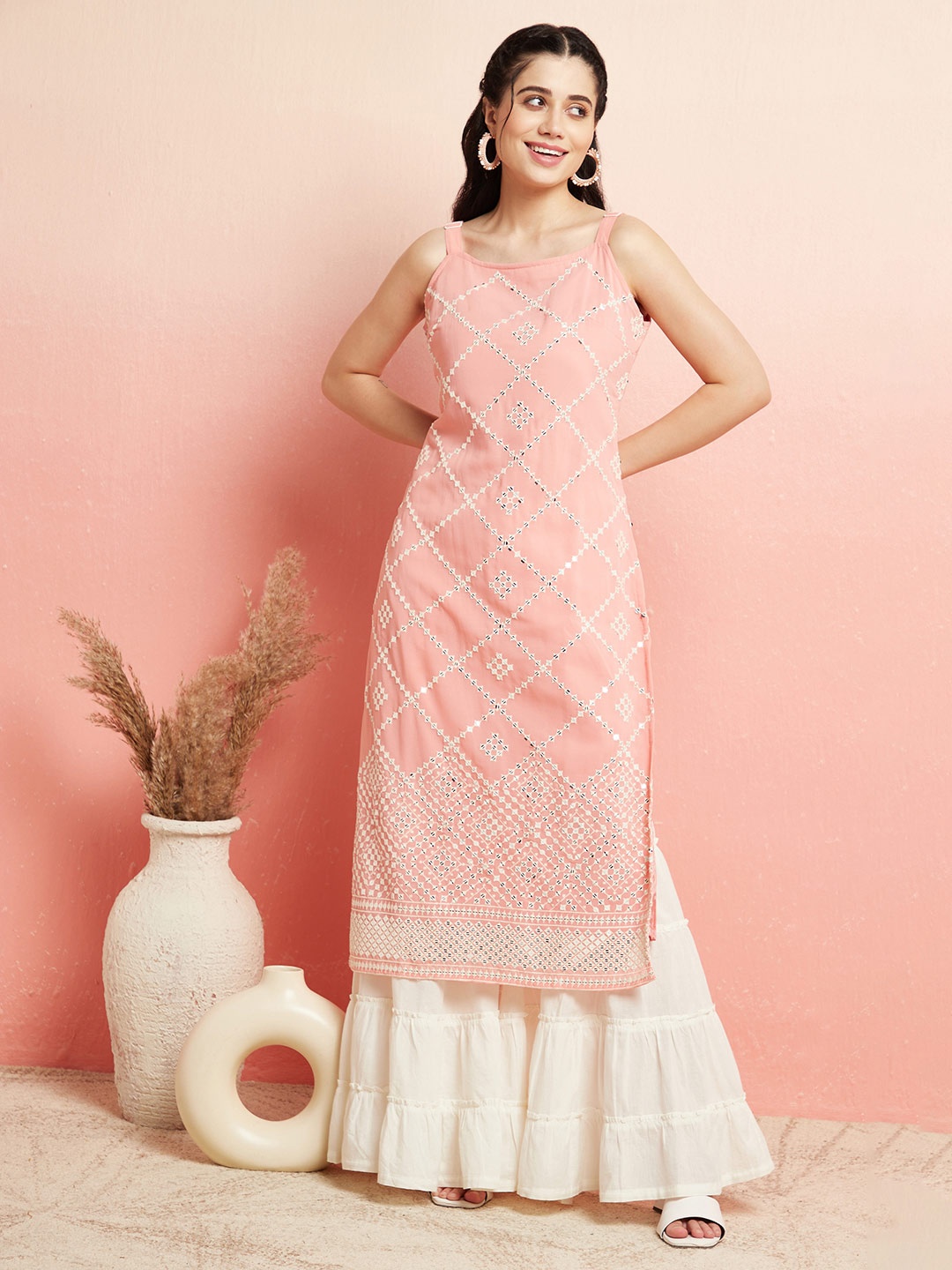 

AKS Geometric Mirror Work Straight Kurta, Peach