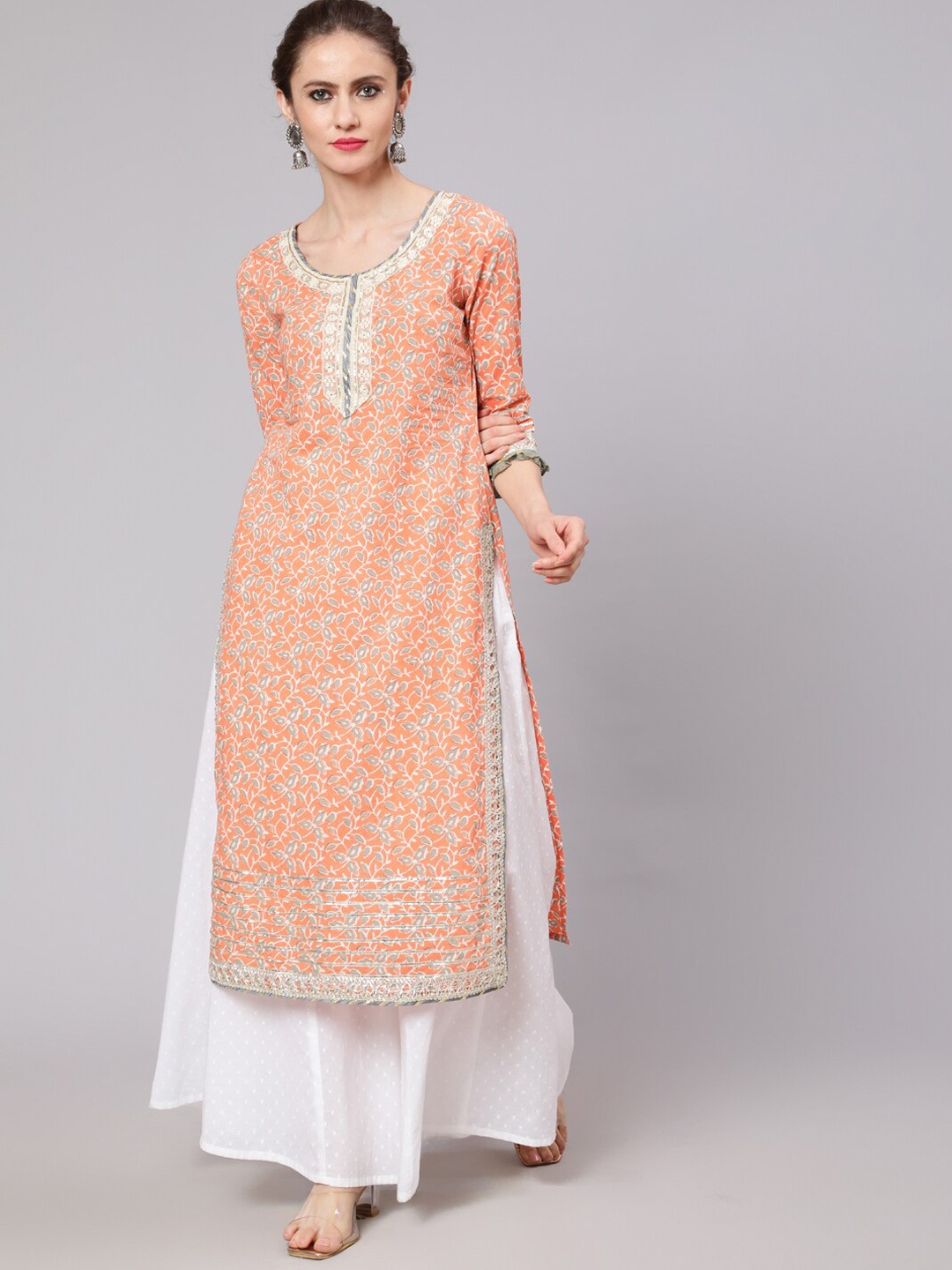 

AKS Floral Printed Round Neck Cotton Straight Kurta, Peach