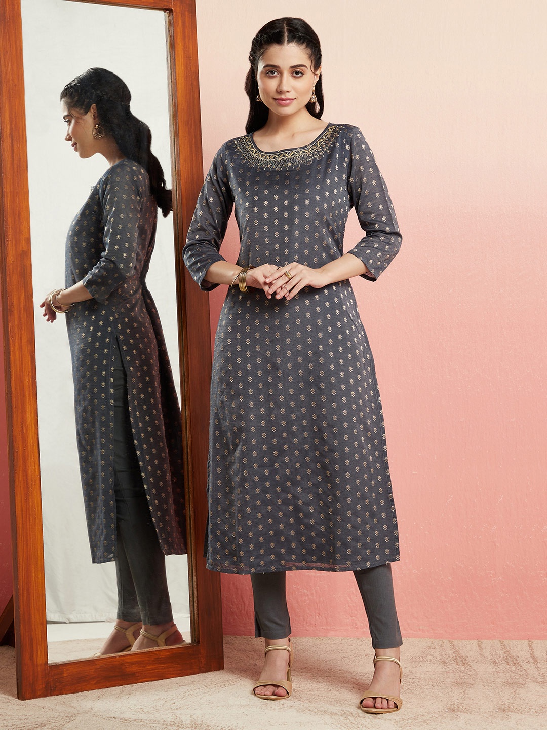 

AKS Ethnic Motifs Woven Design Mirror Work Chanderi Silk Kurta, Grey