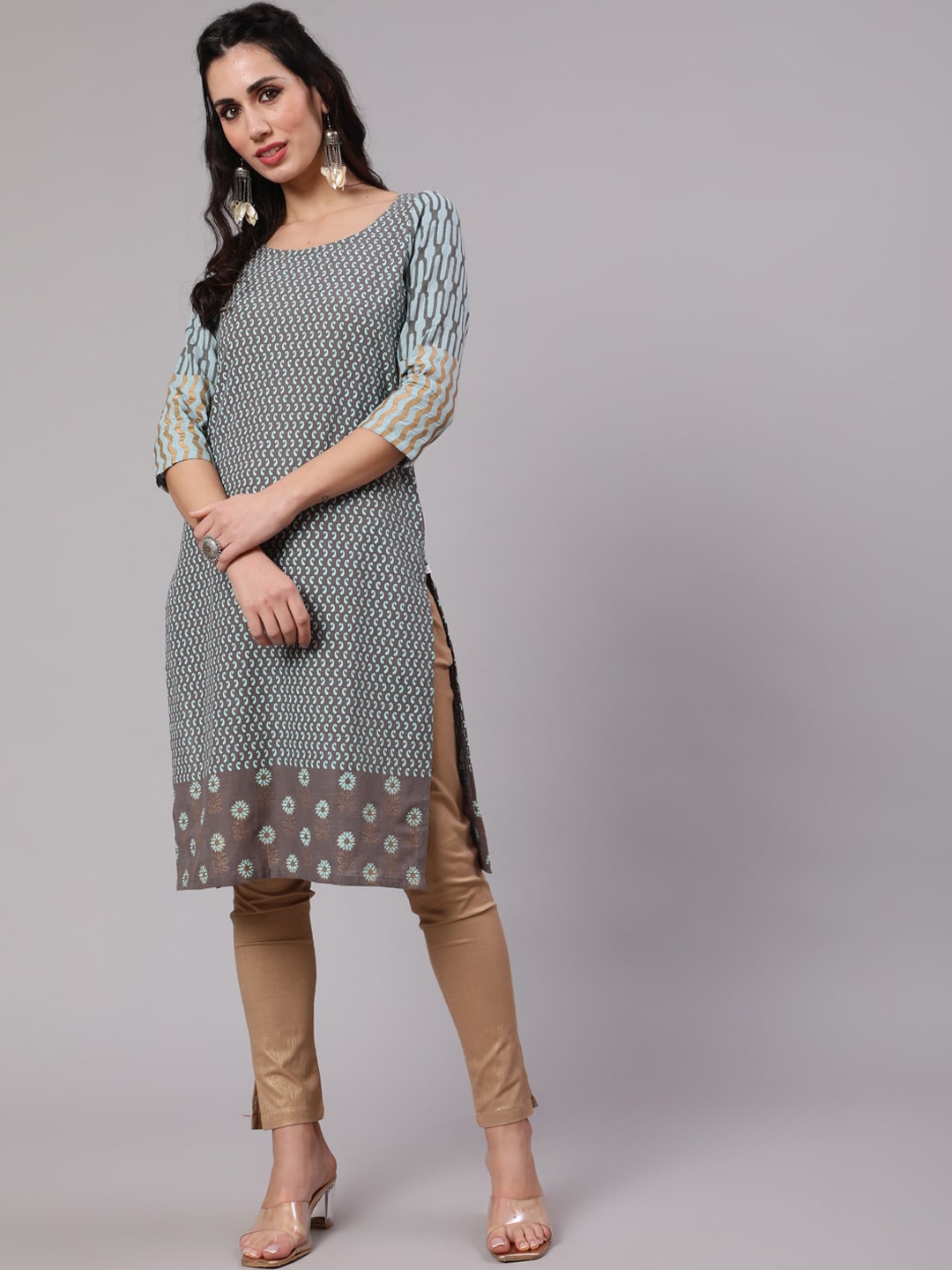 

AKS Ethnic Motifs Printed Cotton Straight Kurta, Grey