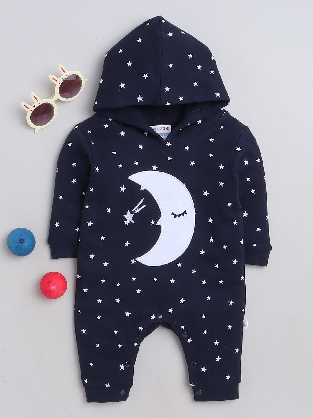 

BUMZEE Infant Boys Printed Hooded Pure Cotton Romper, Navy blue