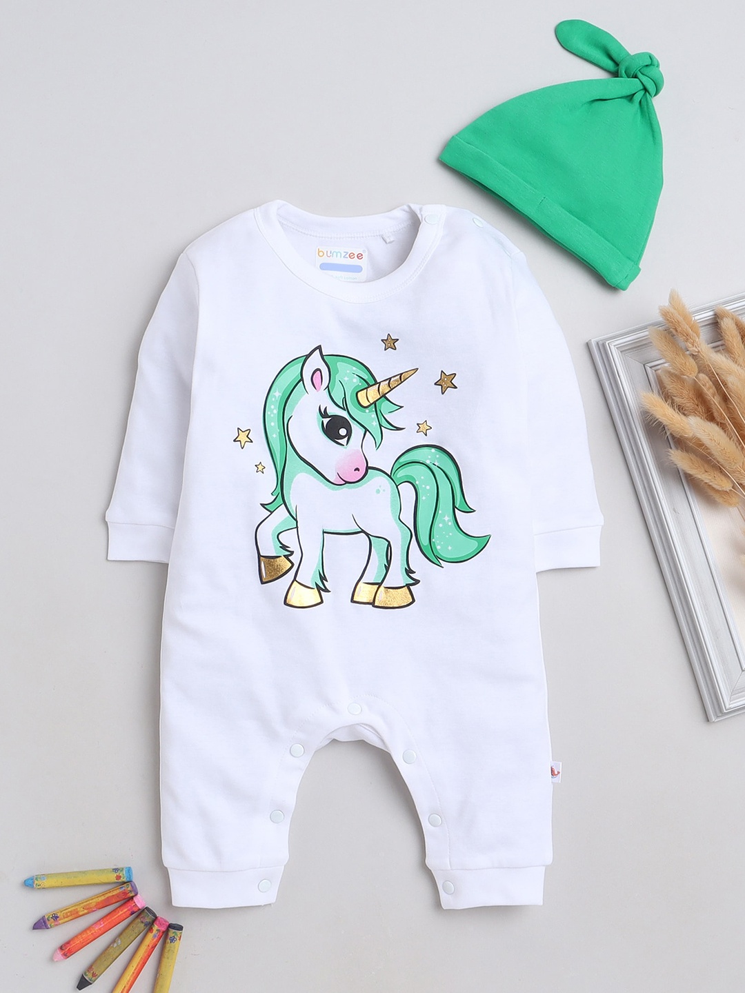 

BUMZEE Infant Girls Printed Pure Cotton Romper With Cap, White