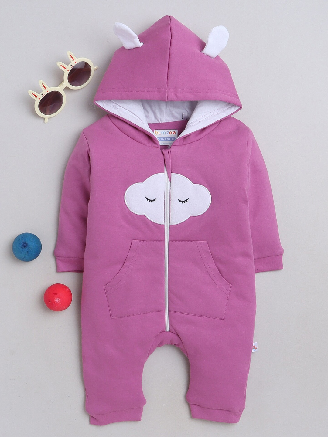 

BUMZEE Infant Girls Printed Hooded Pure Cotton Romper, Mauve