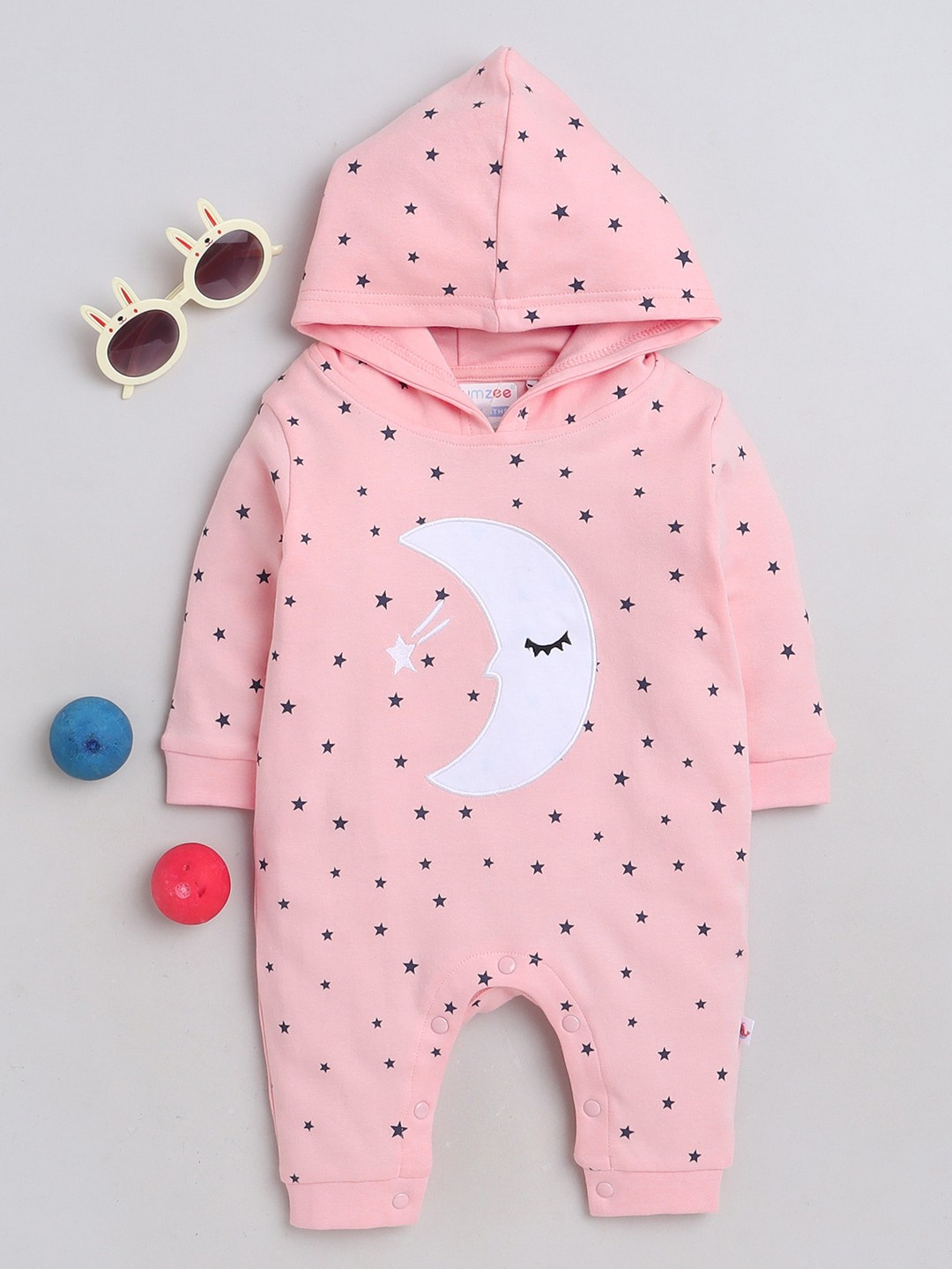 

BUMZEE Infants Girls Printed Hooded Pure Cotton Romper, Pink