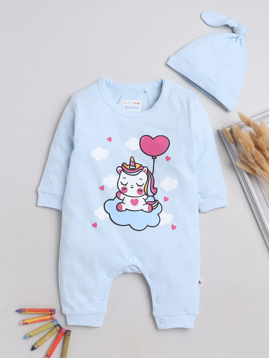 

BUMZEE Infants Girls Printed Pure Cotton Romper With Cap, Blue