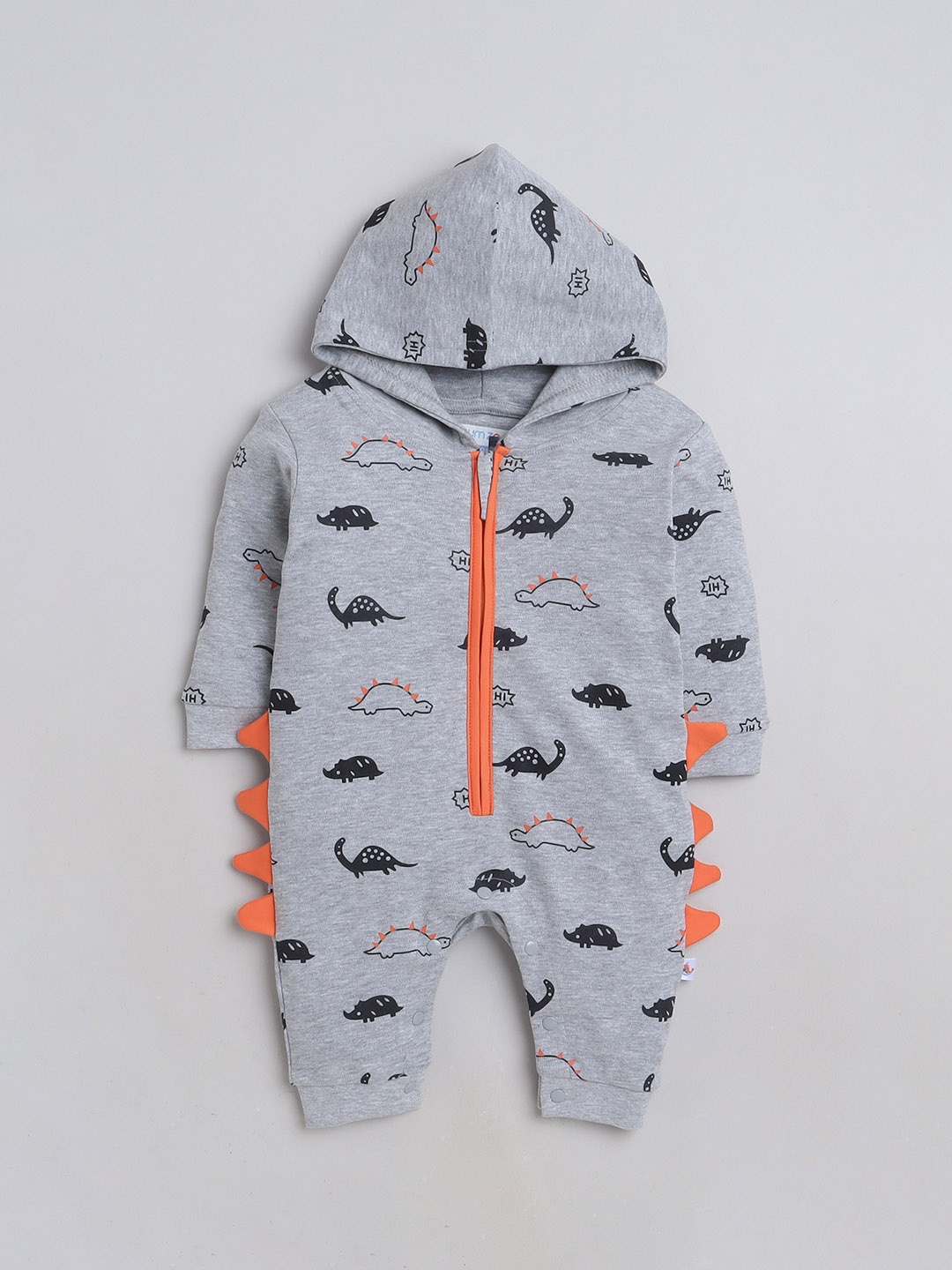 

BUMZEE Infants Boys Printed Hooded Pure Cotton Romper, Grey