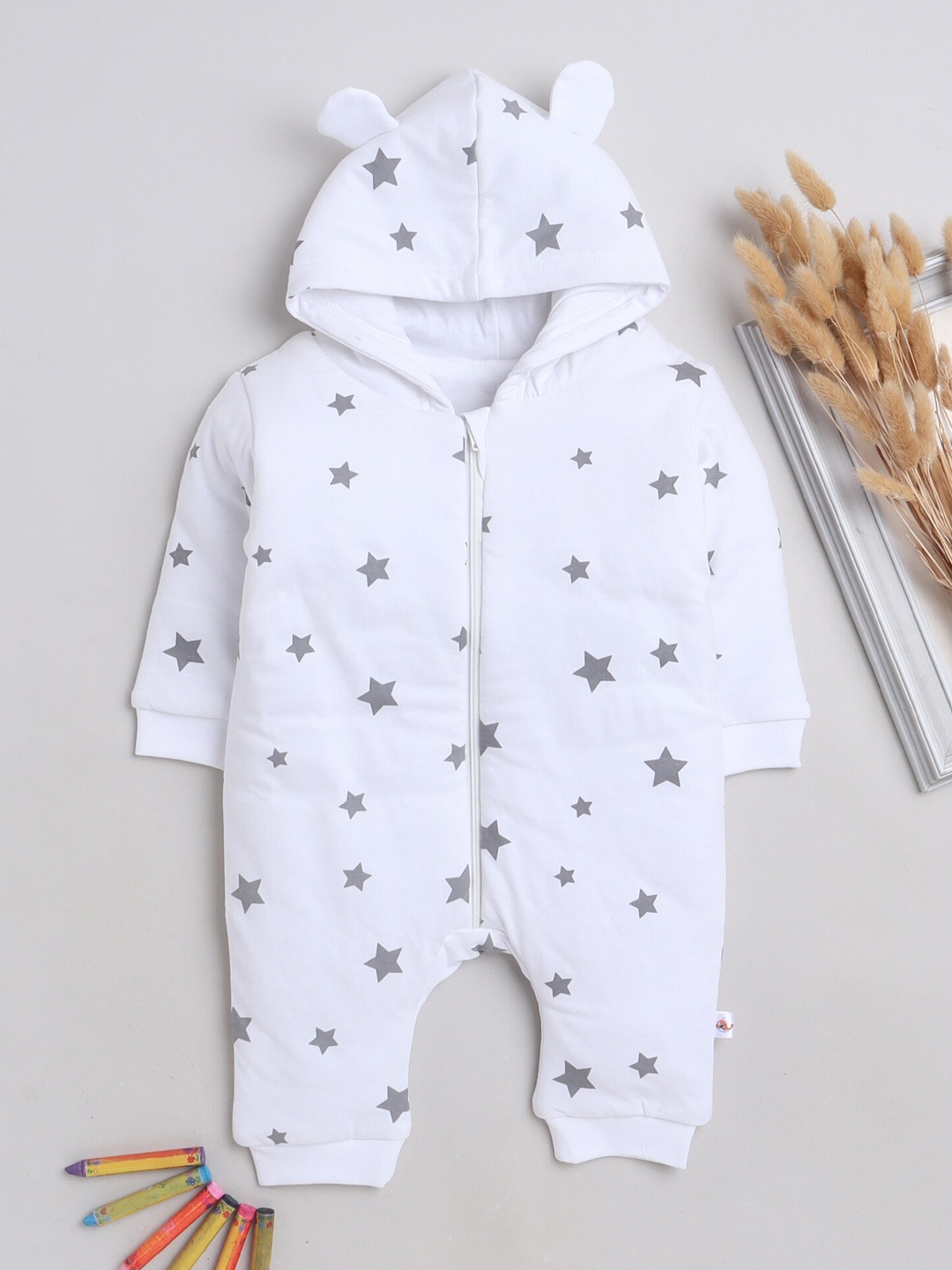 

BUMZEE Infant Boys Printed Hooded Pure Cotton Romper, White