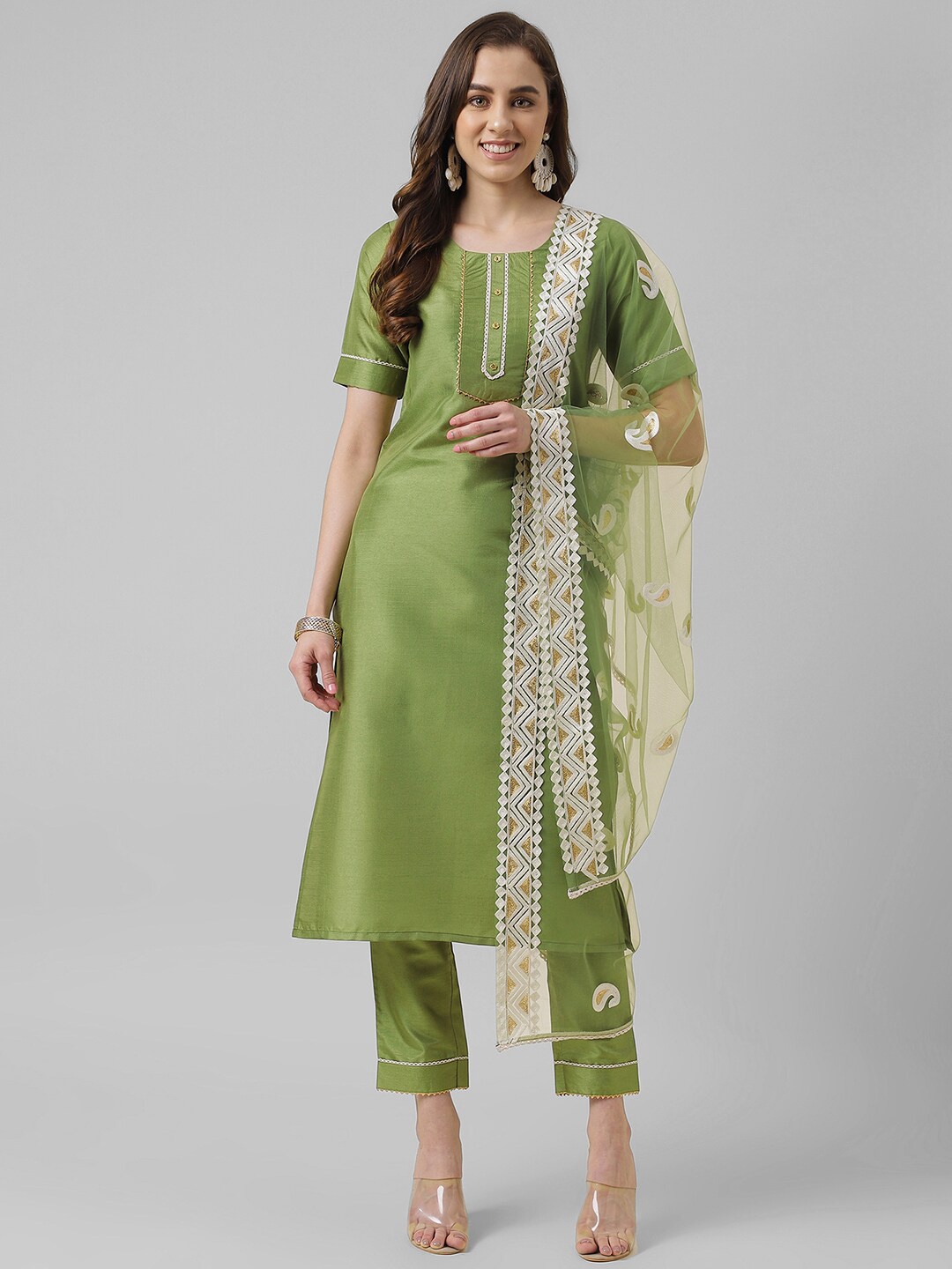 

KALINI Round Neck Gotta Patti Detail Kurta with Trousers & With Dupatta, Green