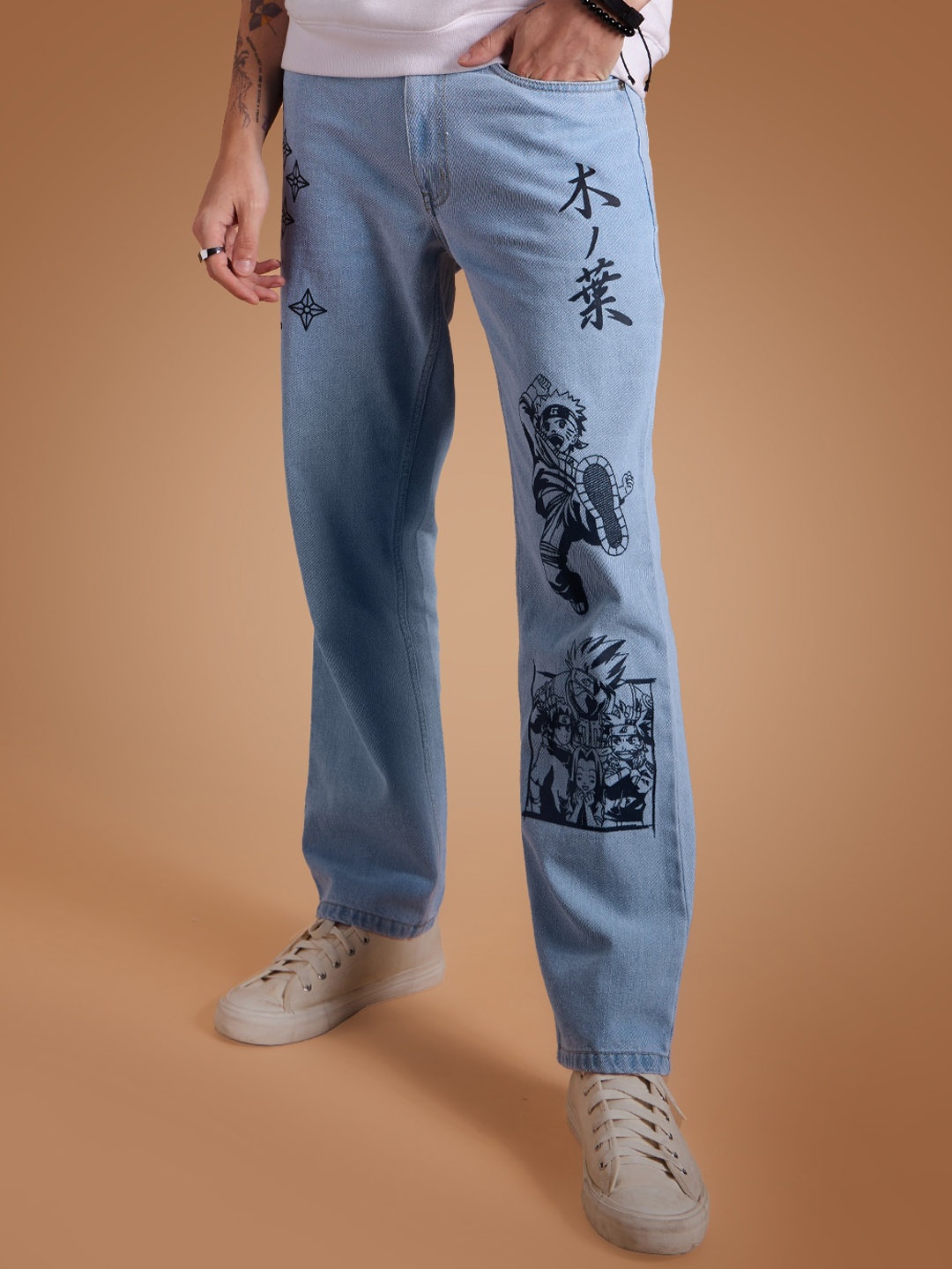 

The Souled Store Men Blue Straight Fit Mildly Distressed Printed Stretchable Jeans