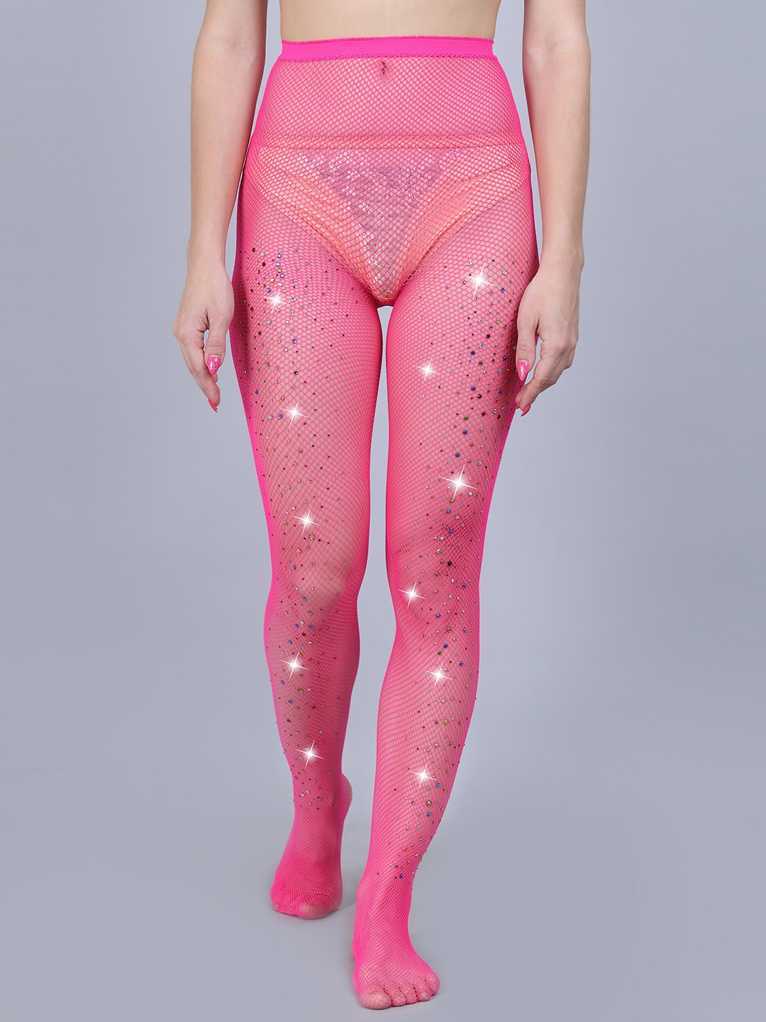 

COLOR STYLE Women High-Rise Rinstone Stockings, Pink