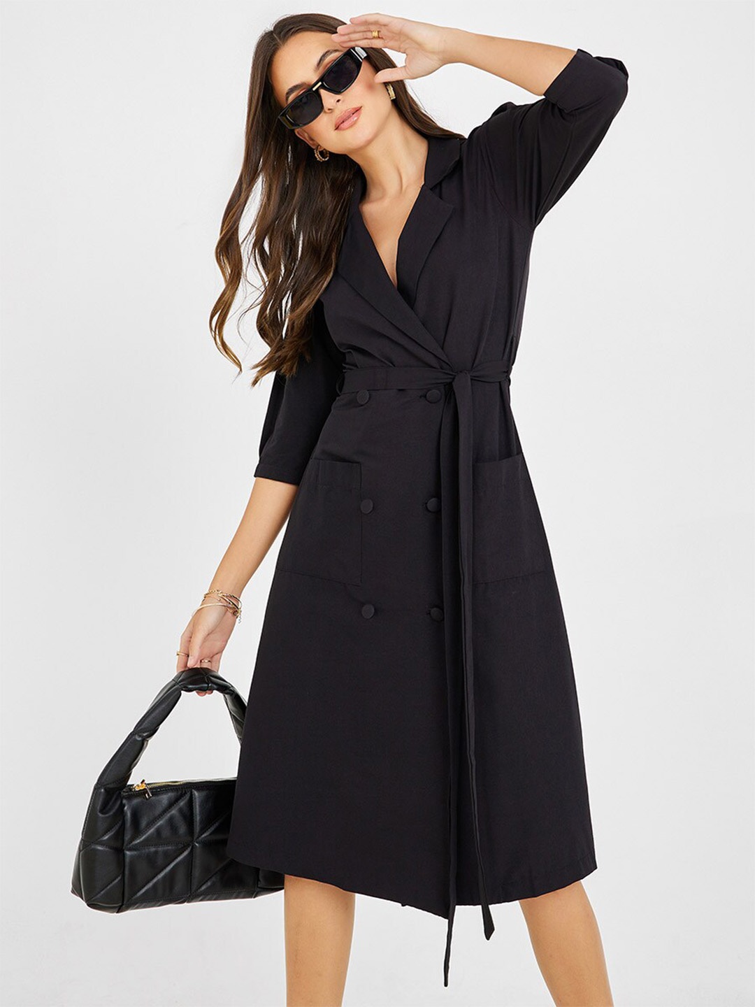 

Styli Black Shirt Collar Tie-Ups Wrap Midi Dress
