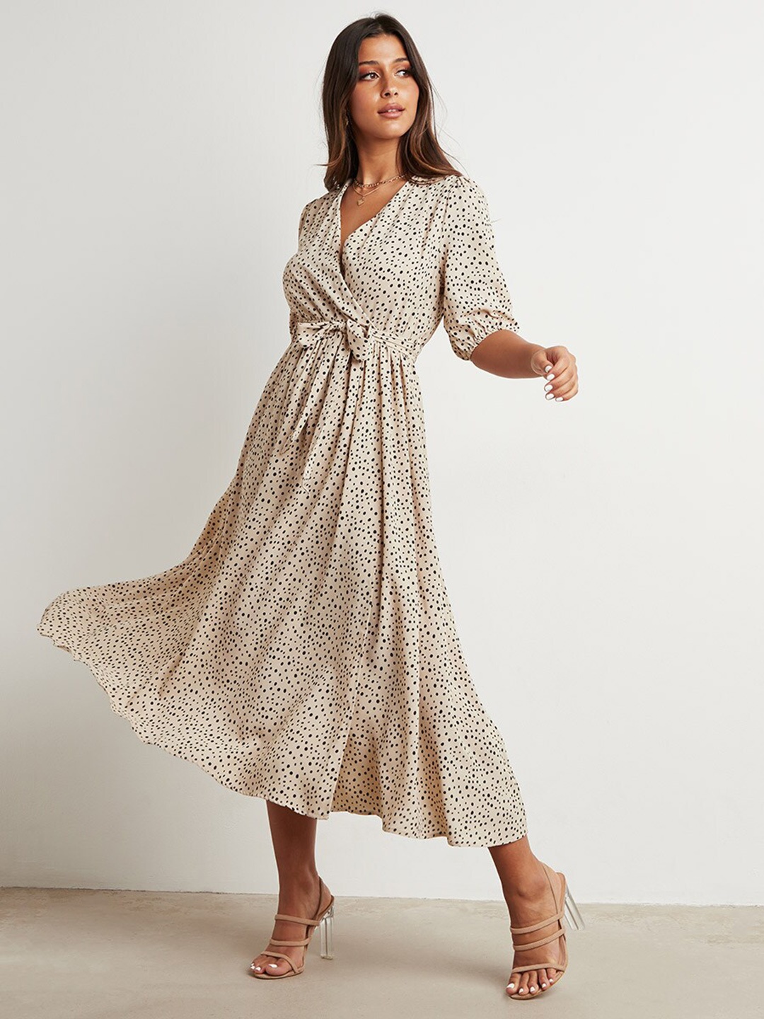 

Styli Beige Polka Dot Printed V-Neck Puff Sleeves Fit & Flare Midi Dress