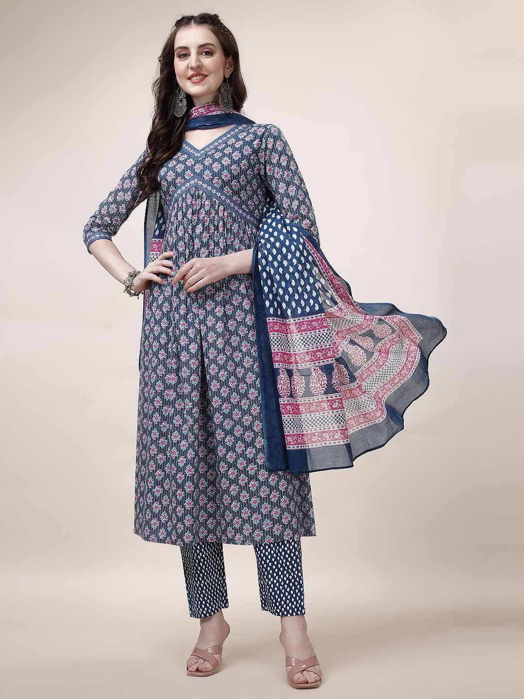 

Berrylicious Floral Printed Pleated Pure Cotton A-Line Kurta with Trousers & With Dupatta, Blue