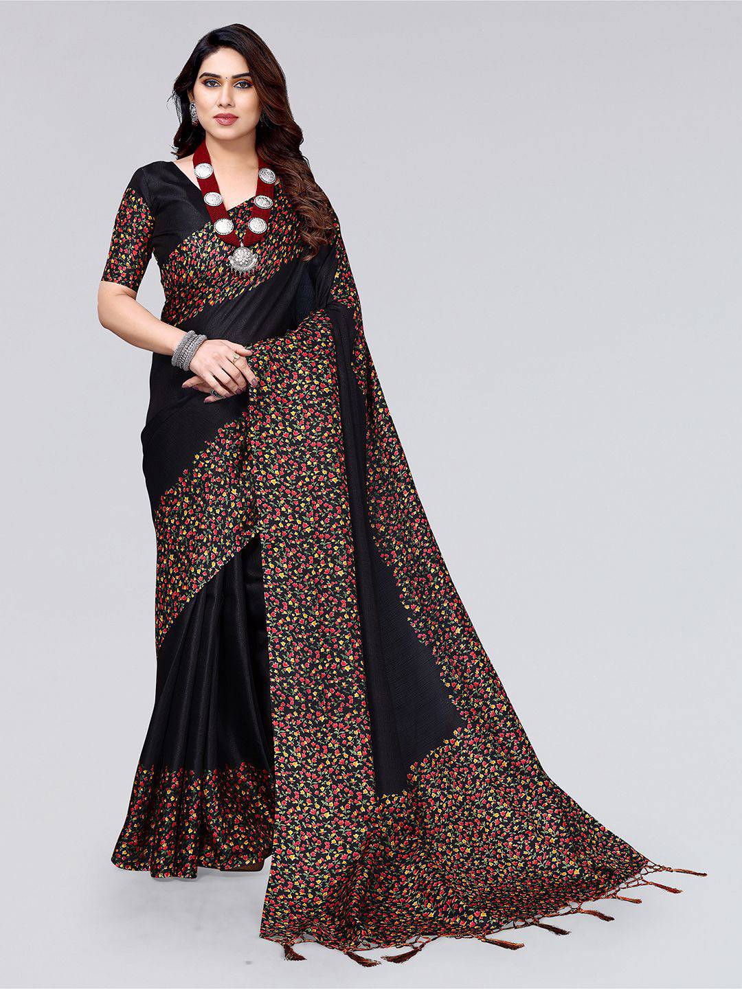 

KALINI Floral Printed Border Saree, Black