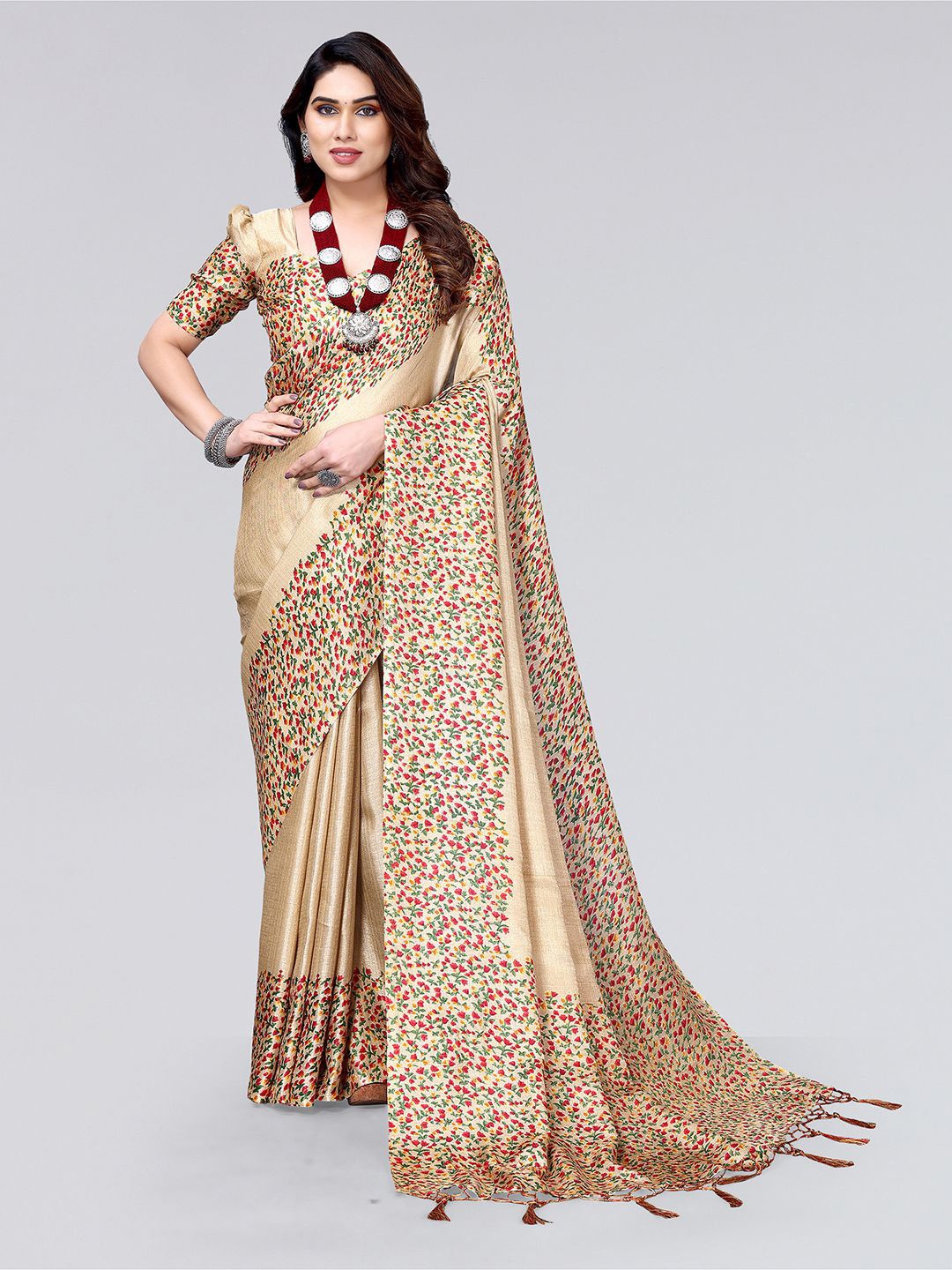 

KALINI Floral Printed Border Detail Saree, Beige