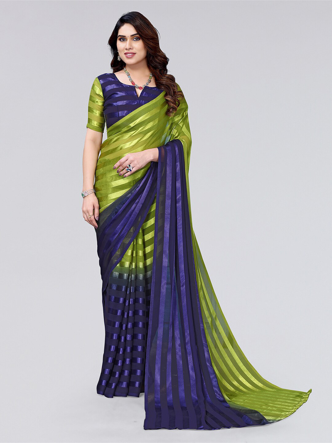

KALINI Woven Design Striped Saree, Green