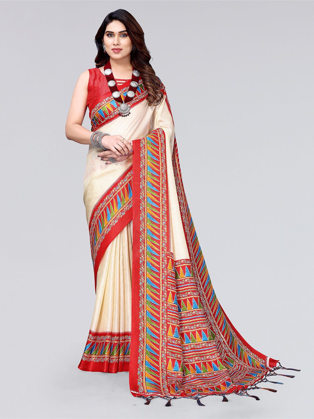

KALINI Ethnic Motifs Printed Border Detail Saree, Cream