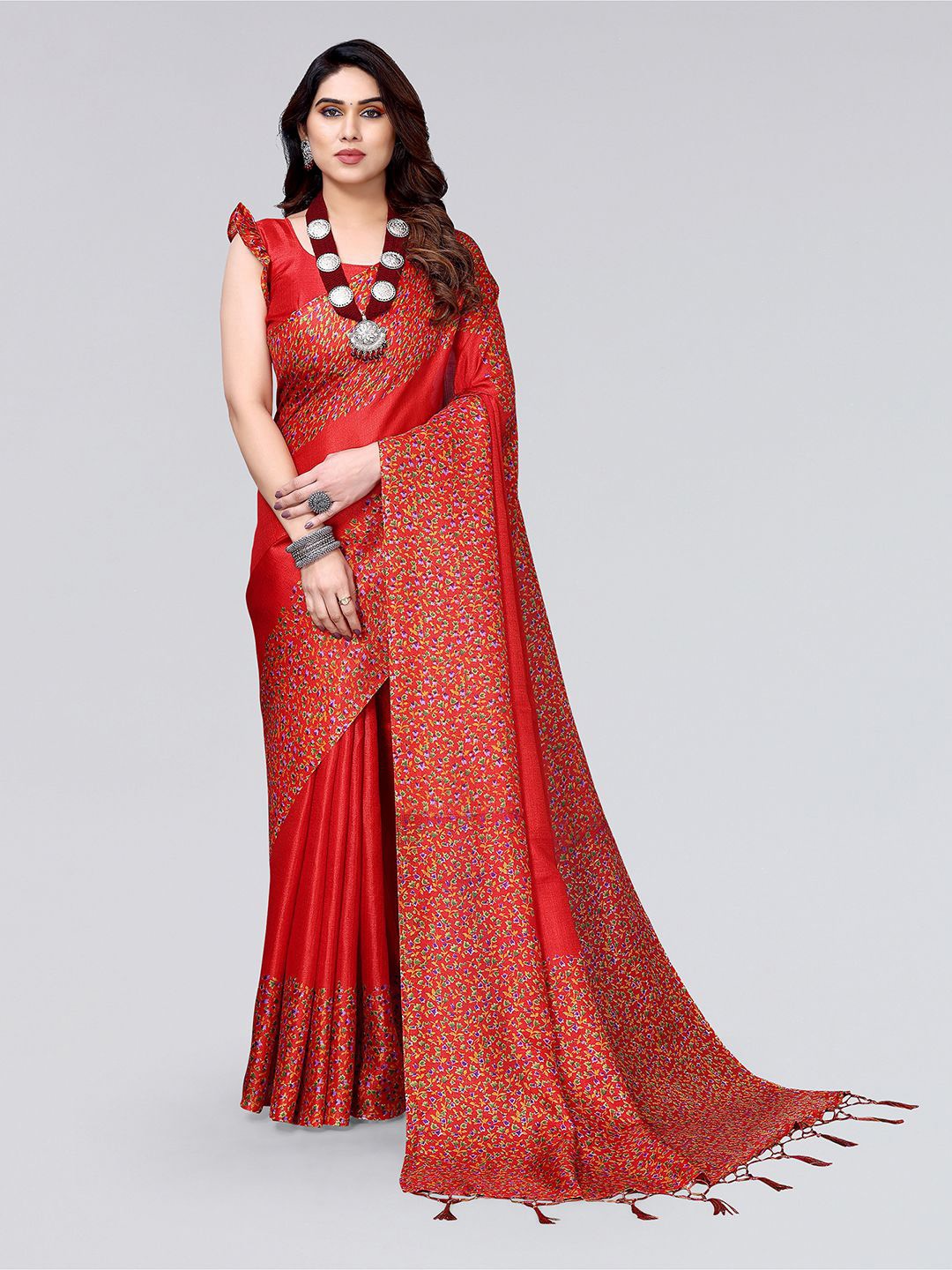 

KALINI Floral Printed Border Detail Saree, Red