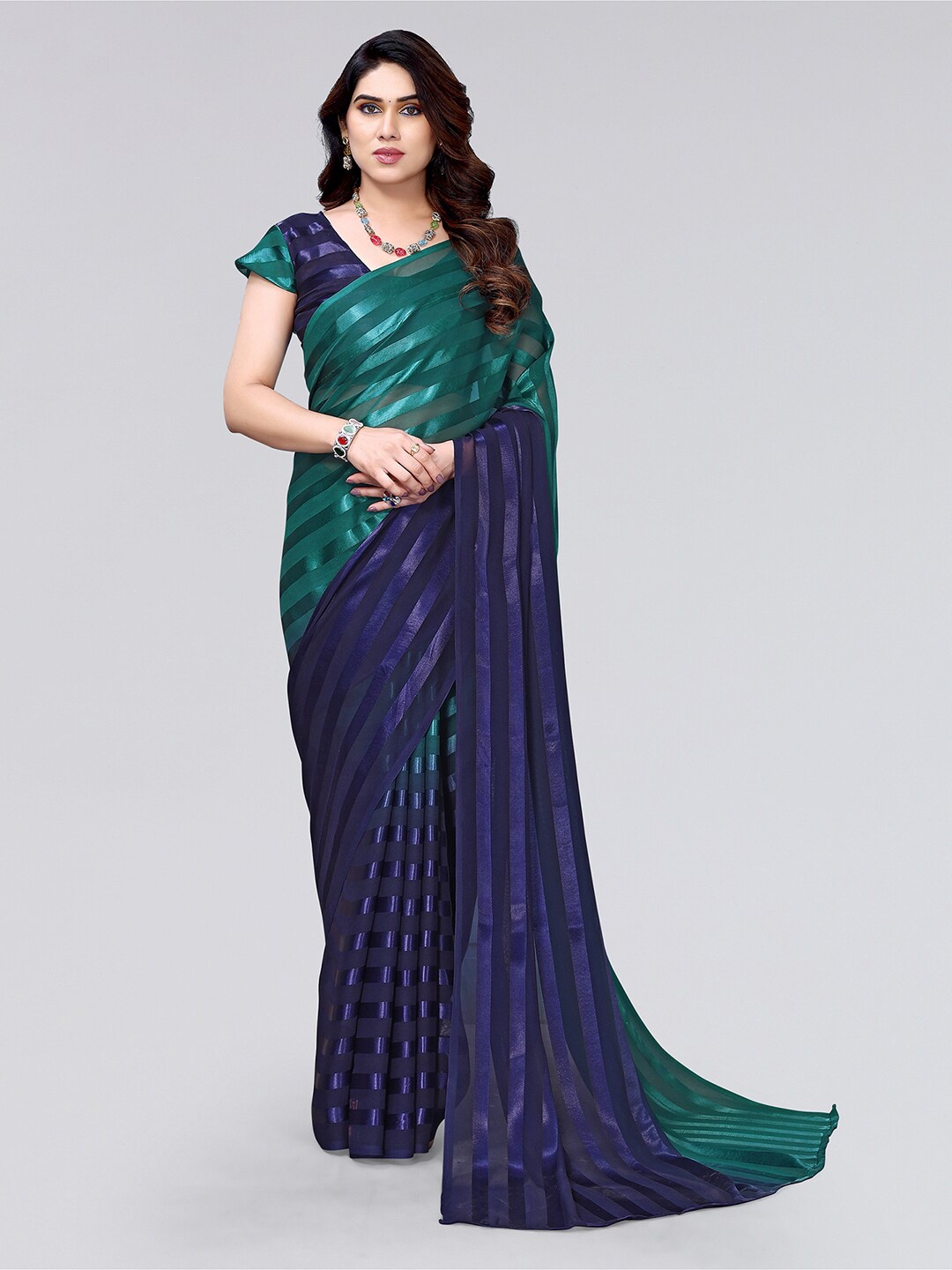 

KALINI Woven Design Striped Saree, Green