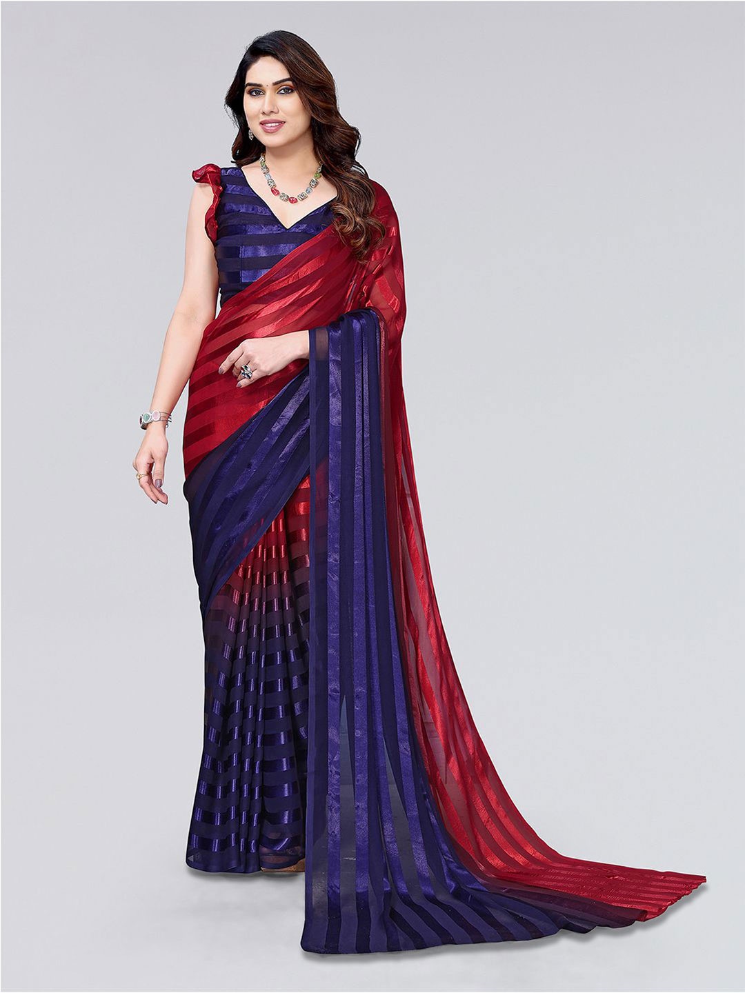 

KALINI Woven Design Striped Saree, Maroon