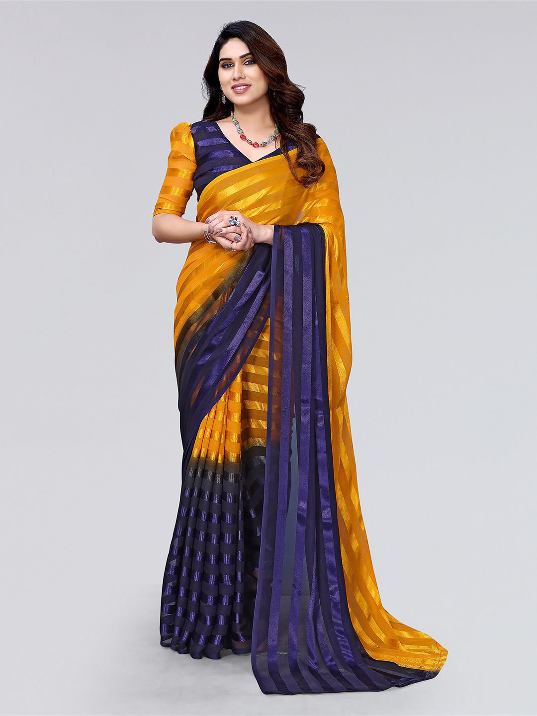

KALINI Woven Design Striped Saree, Yellow