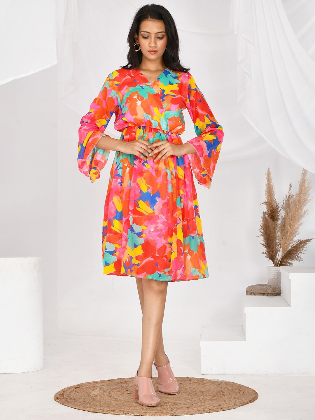 

BAESD Floral Printed V-Neck Bell Sleeves Fit & Flare Dress, Red